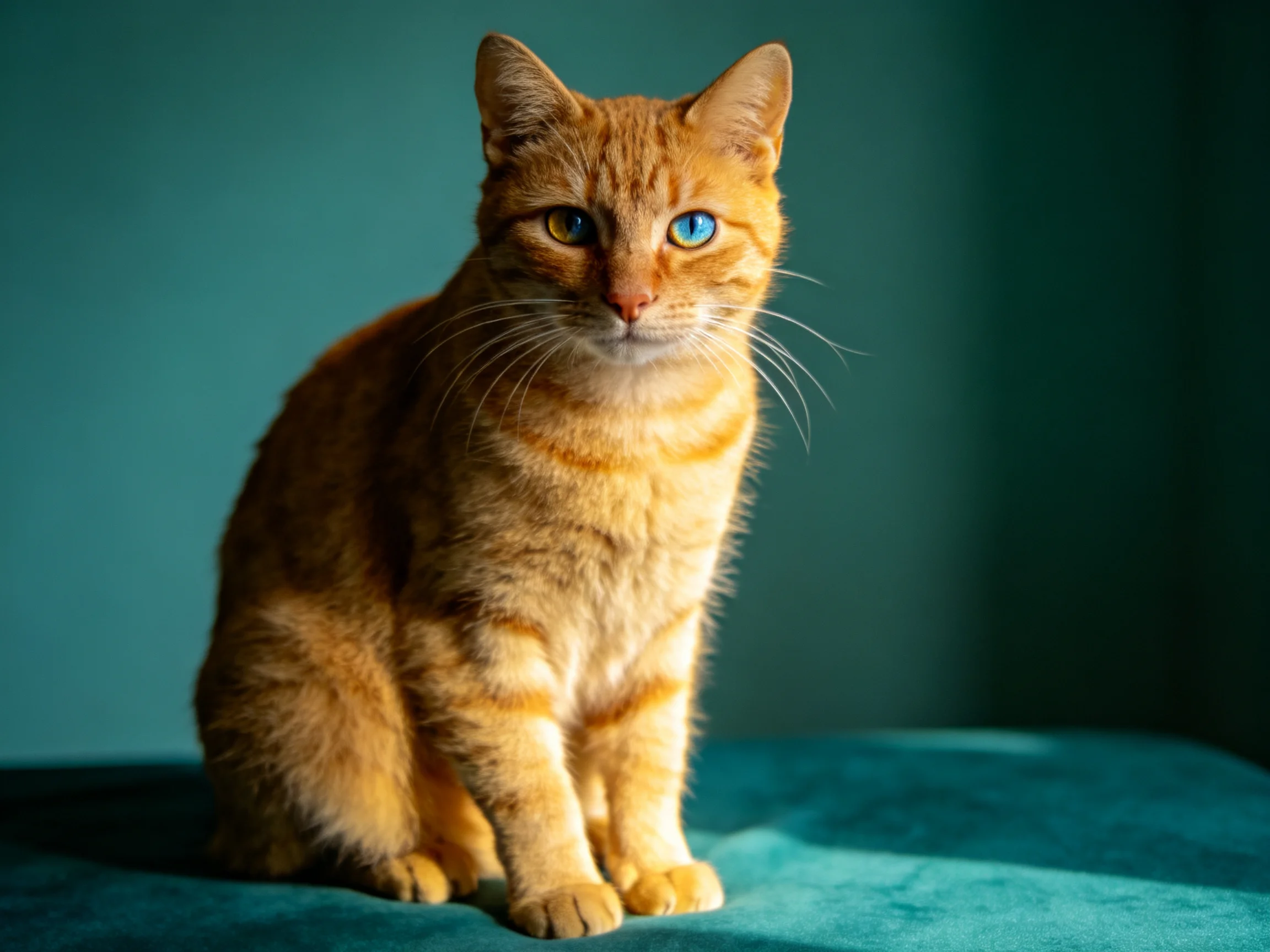 A heterochromatic orange tabby cat sits calmly on a teal surface.