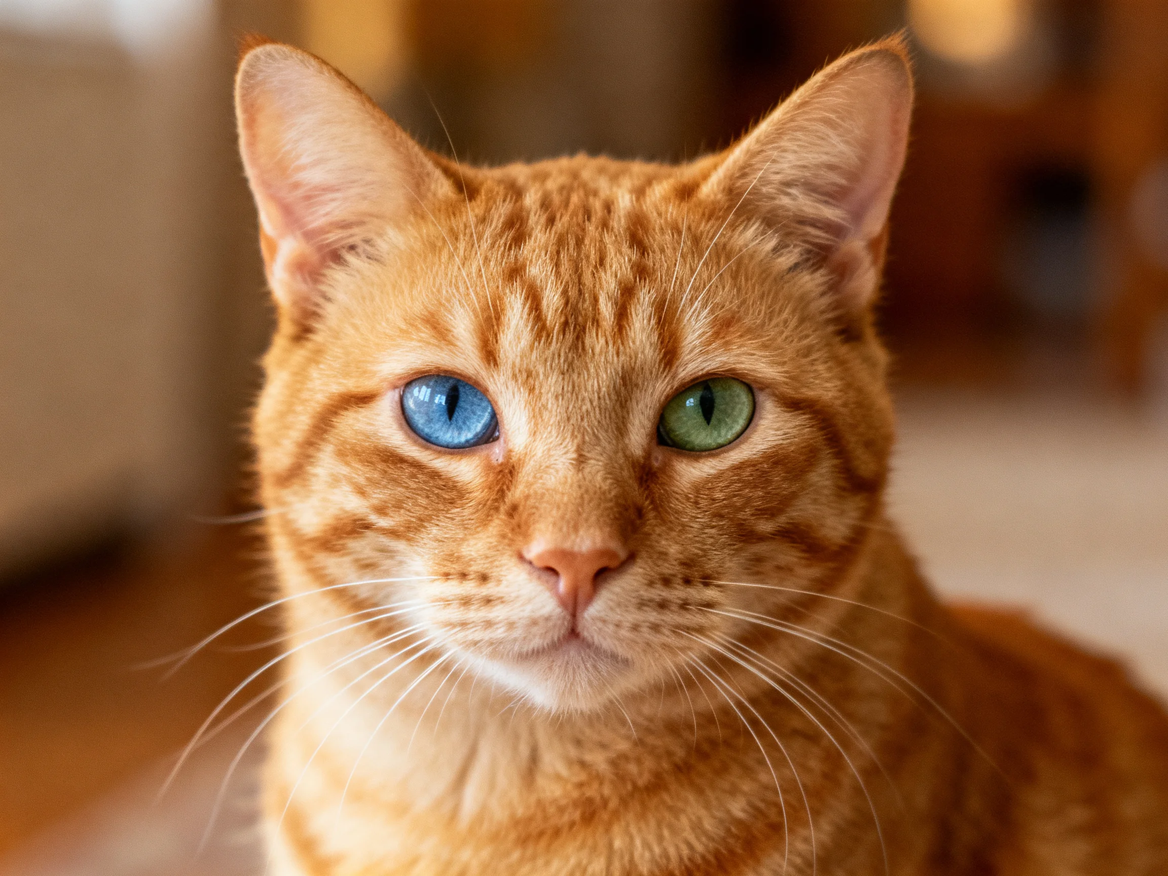 A heterochromatic orange tabby cat with two differently colored eyes is shown indoors.