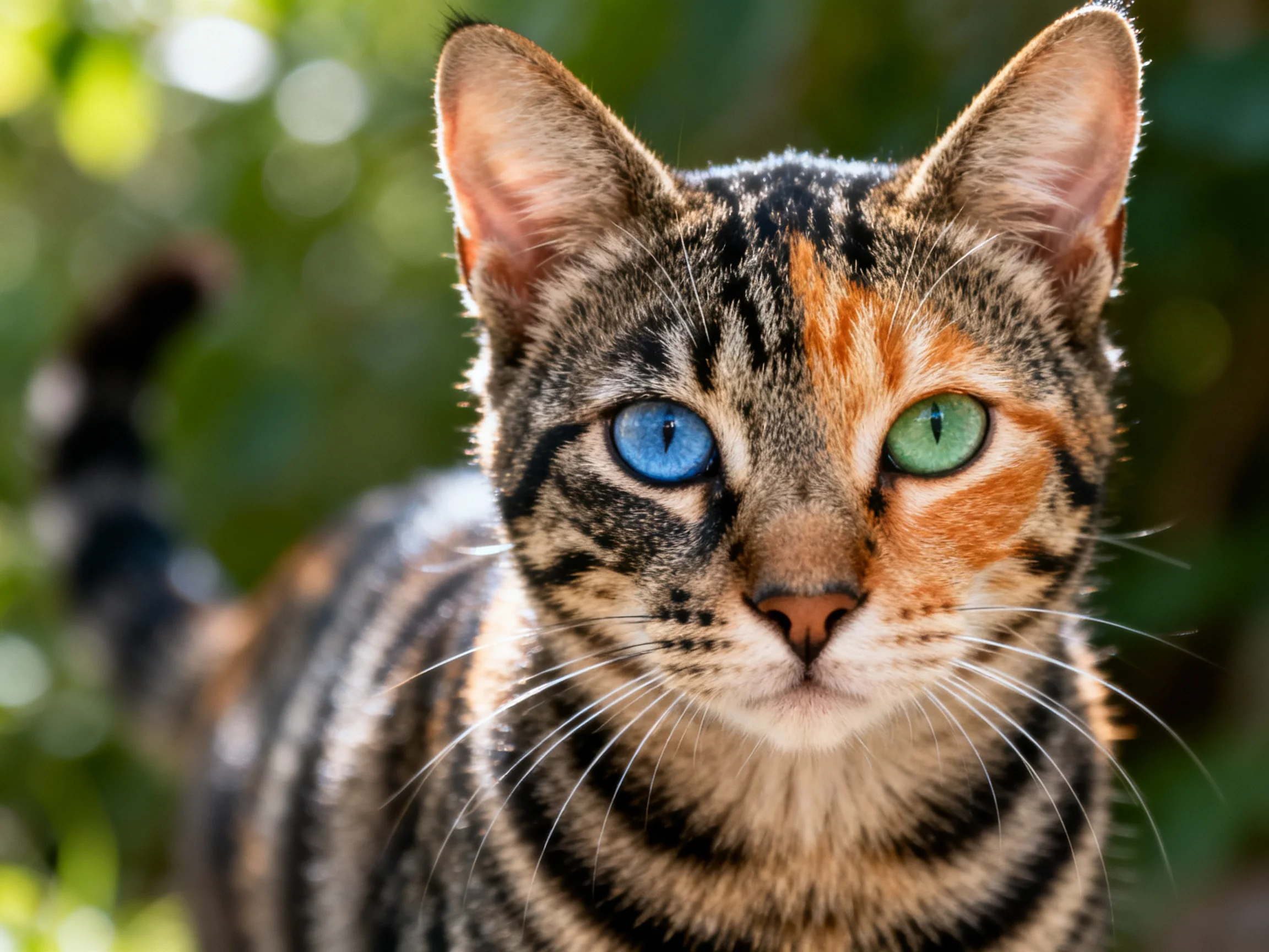 A heterochromatic tabby cat with two differently colored eyes is centered against a blurred green backdrop.
