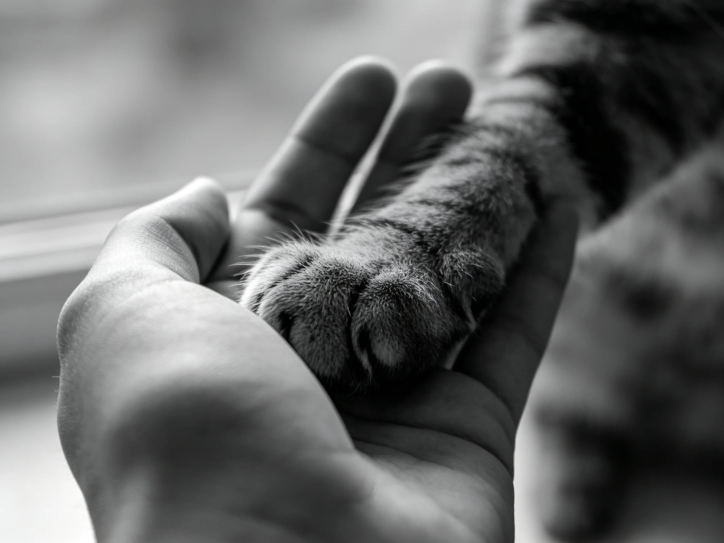 A human hand cradling a cat’s paw in monochrome detail