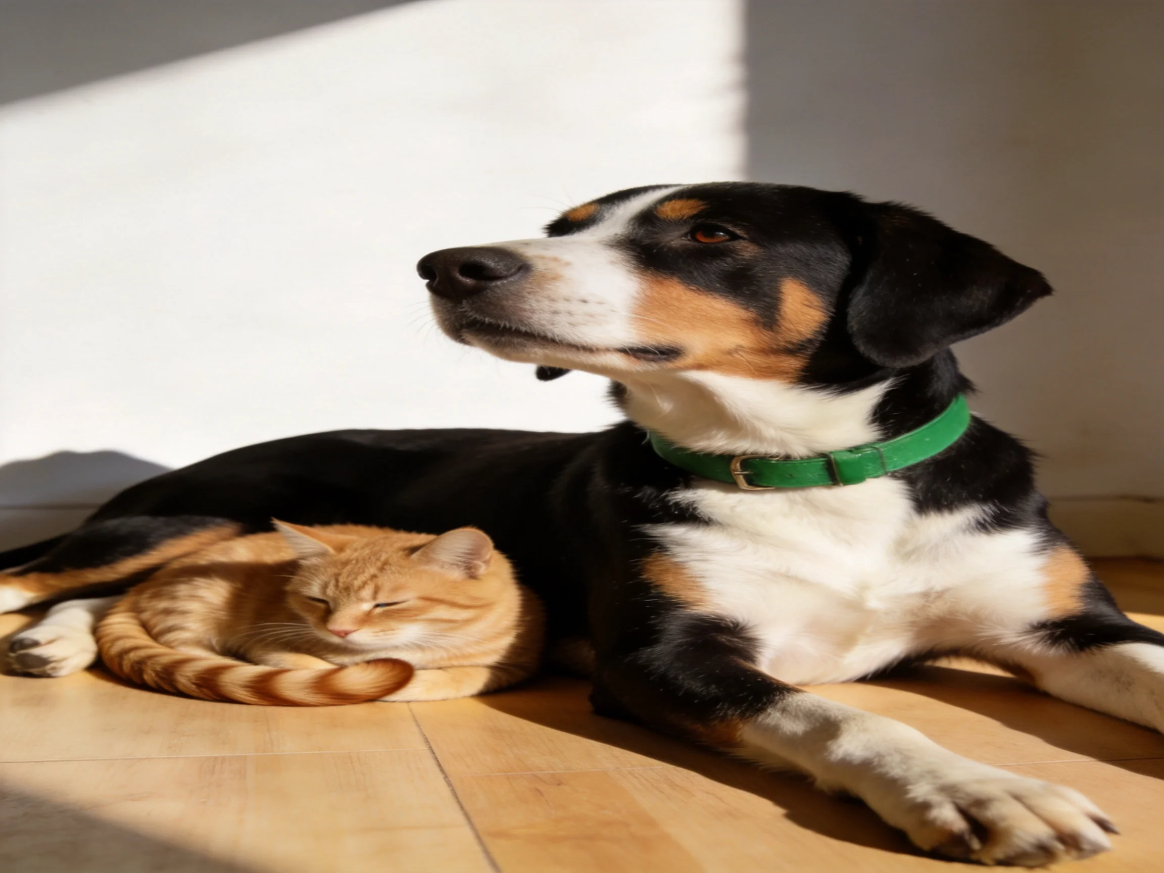 A large dog and an orange cat rest together peacefully indoors.