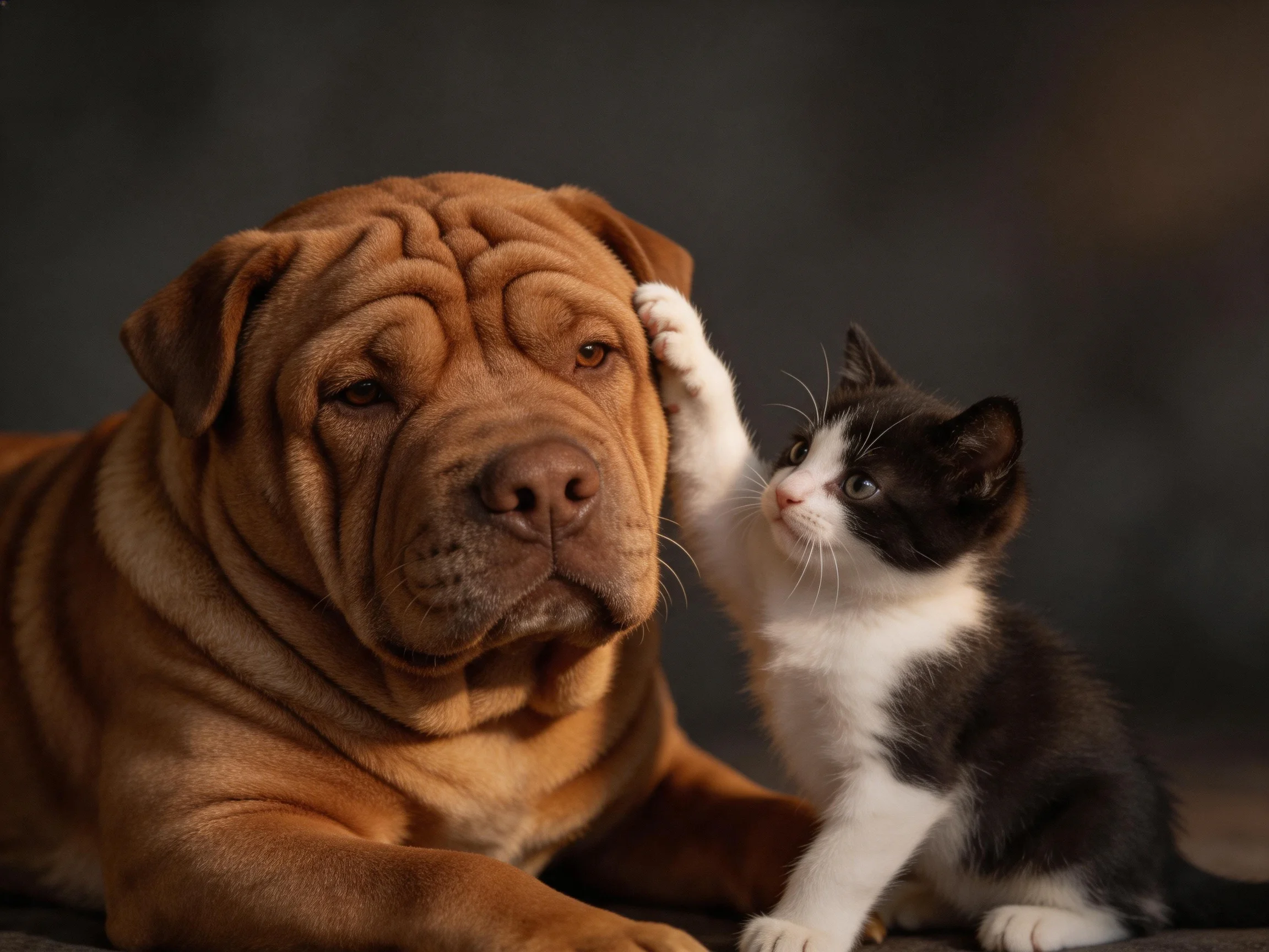 A large brown dog sits calmly as a small black - white kitten touches its head
