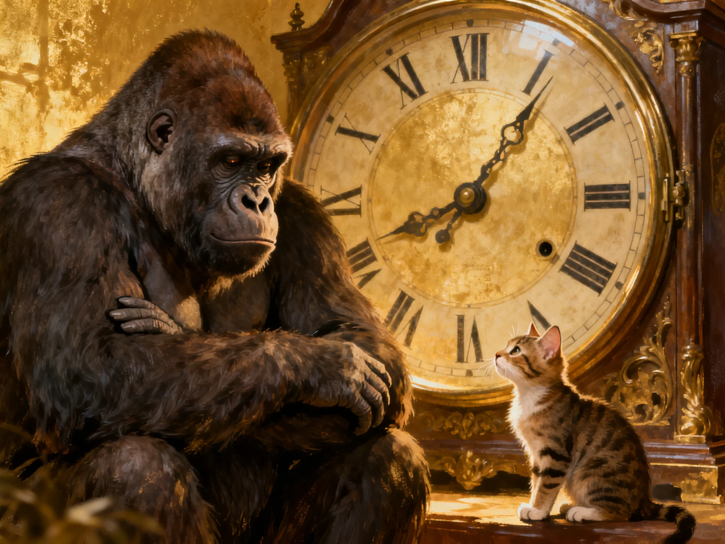 A large brown gorilla sits beside a small tabby kitten near an ornate golden clock