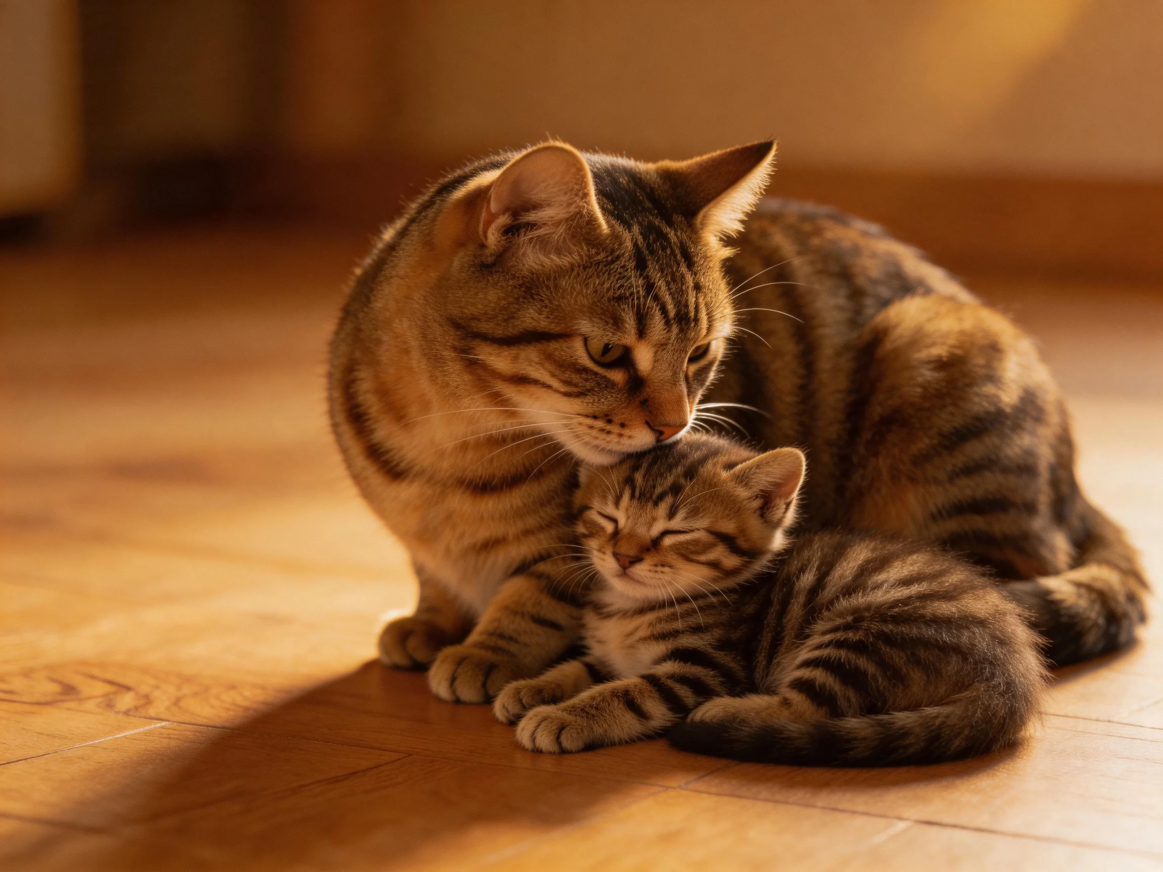 A large brown tabby cat cuddles a small tabby kitten on a wooden floor