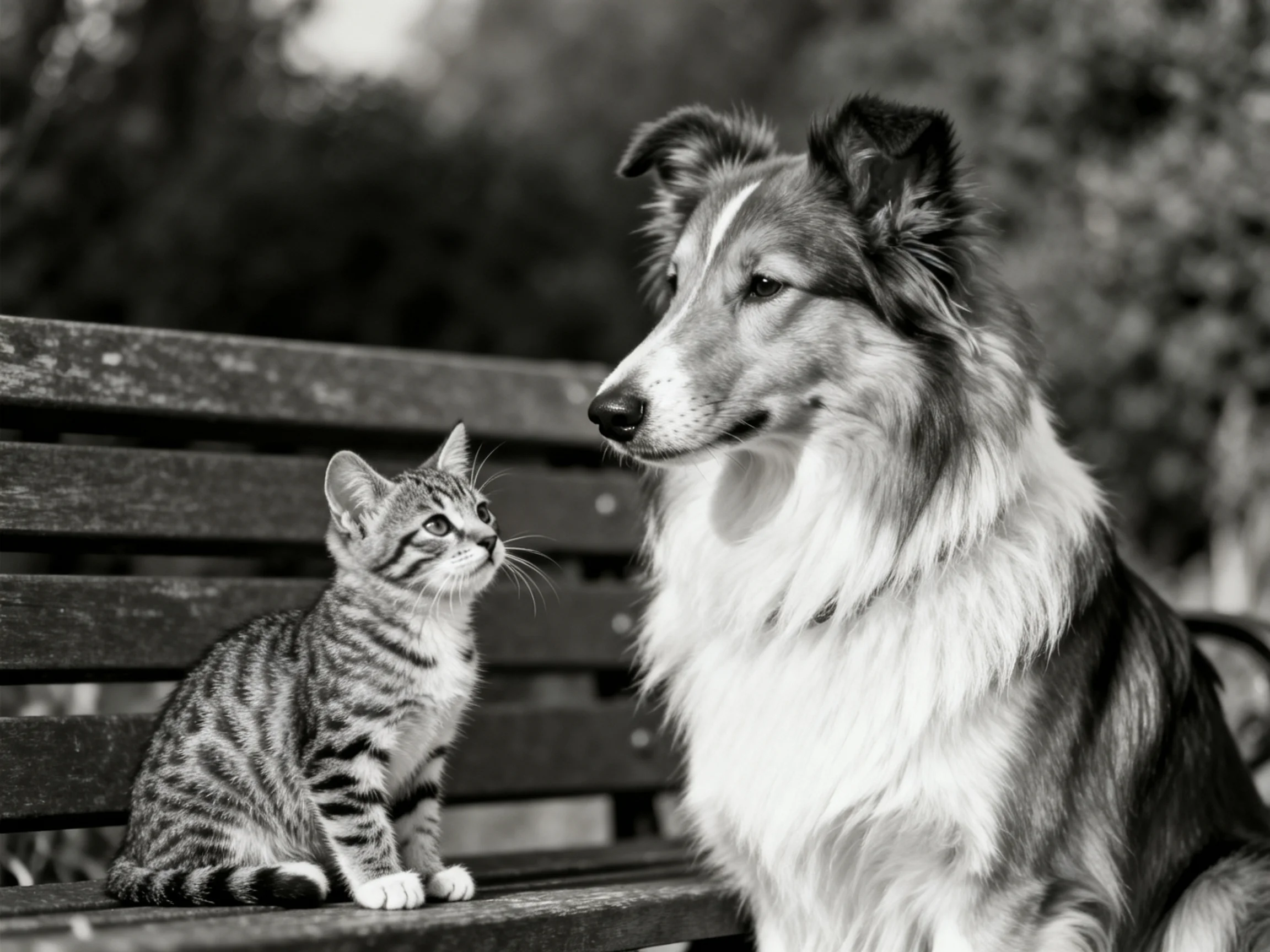 A large dog and small cat sit together on a weathered park bench.
