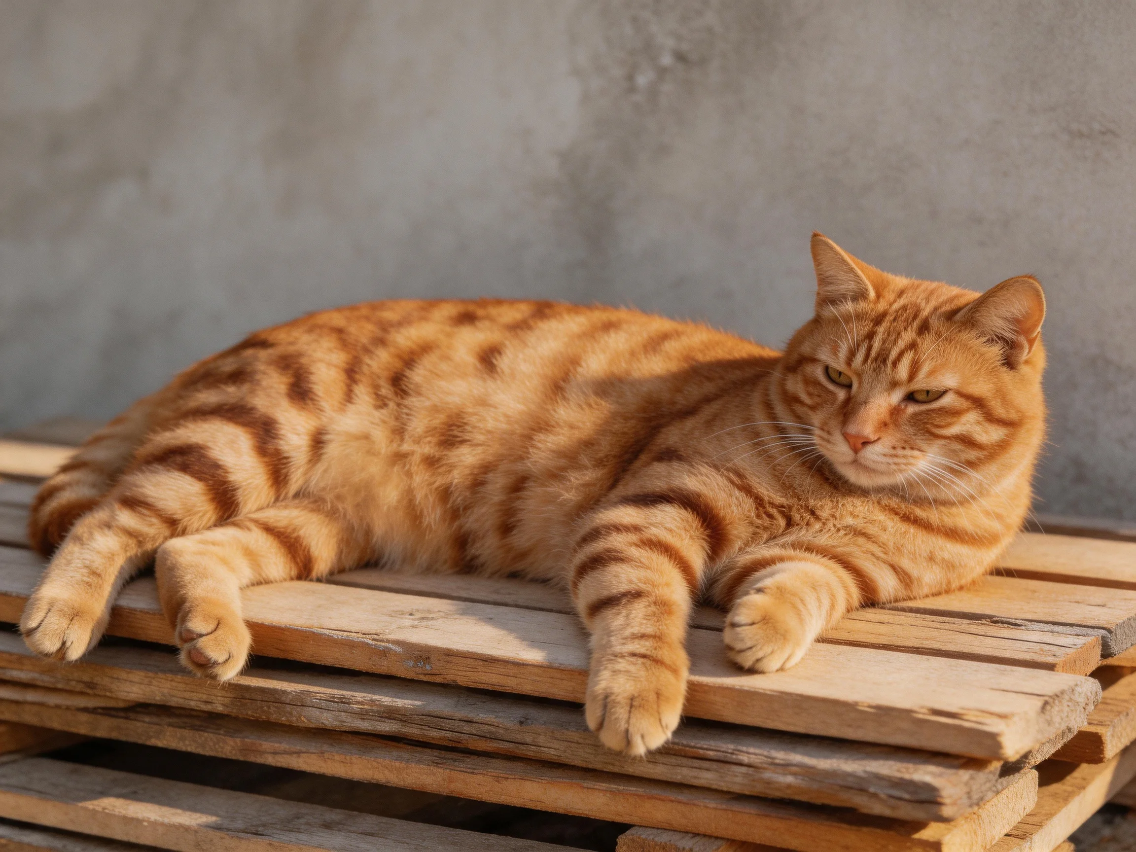 An orange tabby cat relaxes on wooden planks near a gray wall.