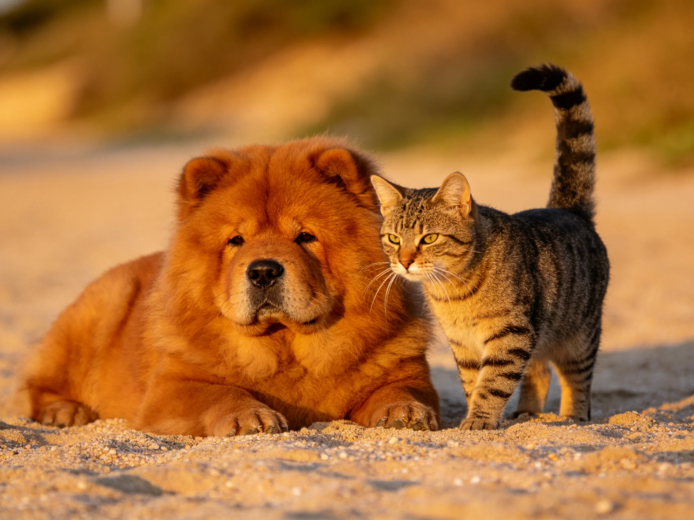 Two animals, a dog and a cat, rest together on sandy terrain
