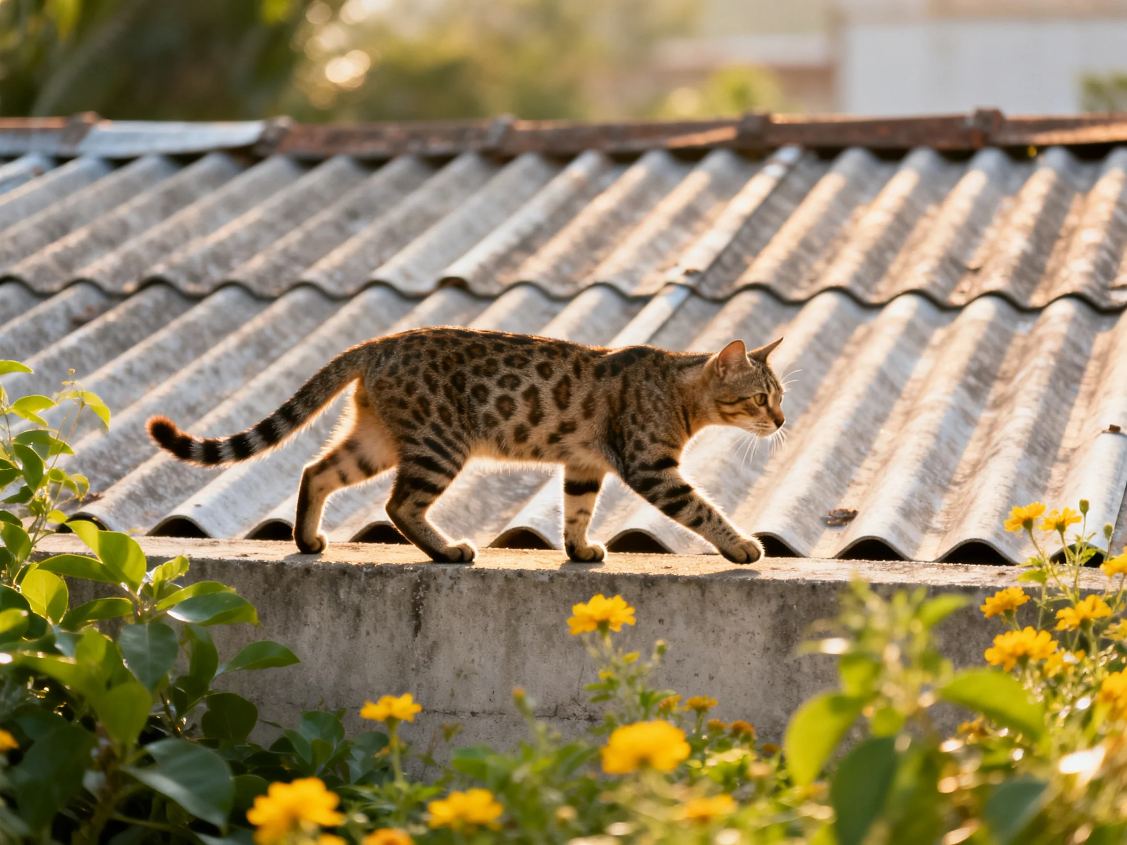 A leopard - spotted cat walks on a corrugated metal roof near yellow flowers