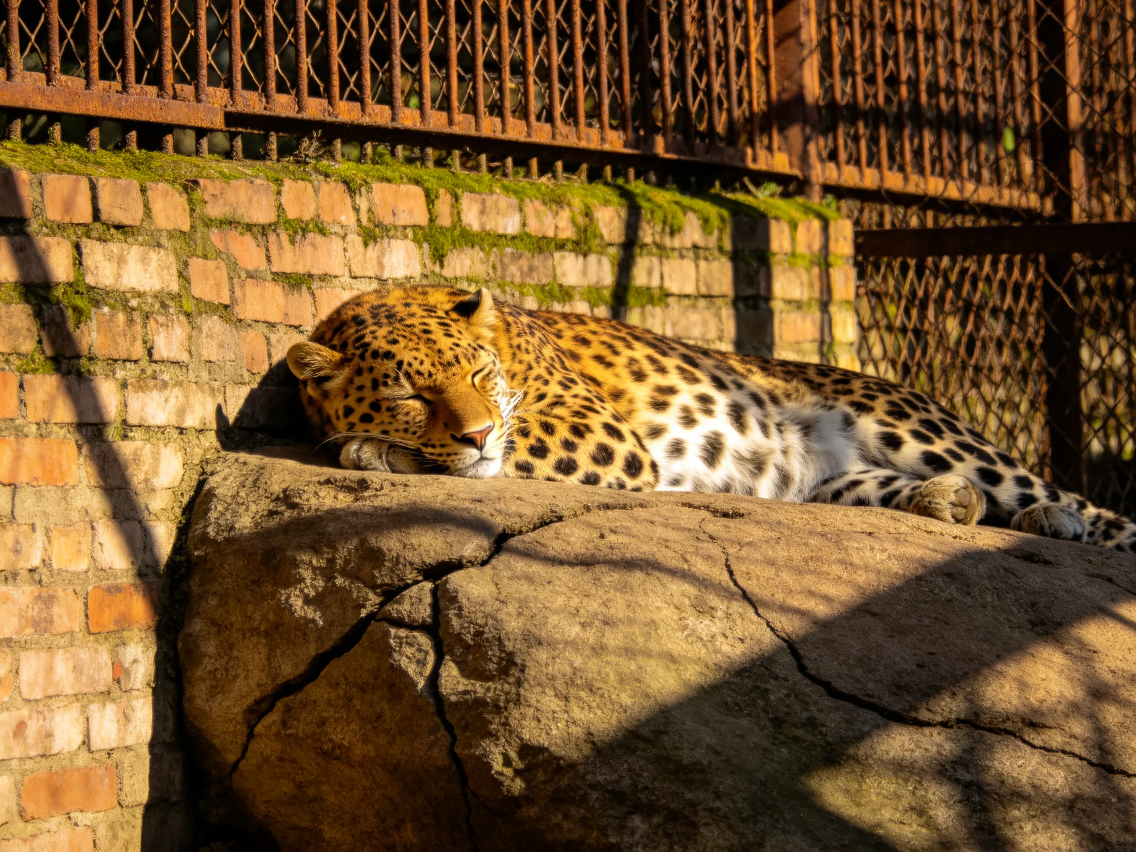 A leopard sleeps on a rock near an aged brick wall.