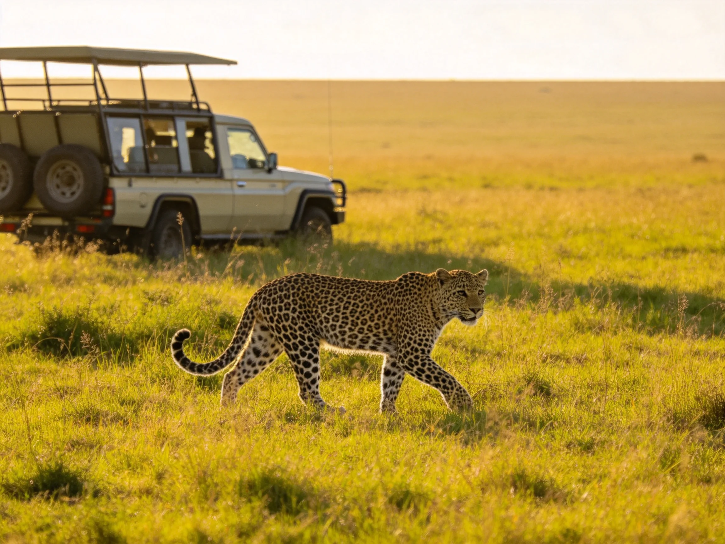 A leopard roams golden savannah near a white safari vehicle