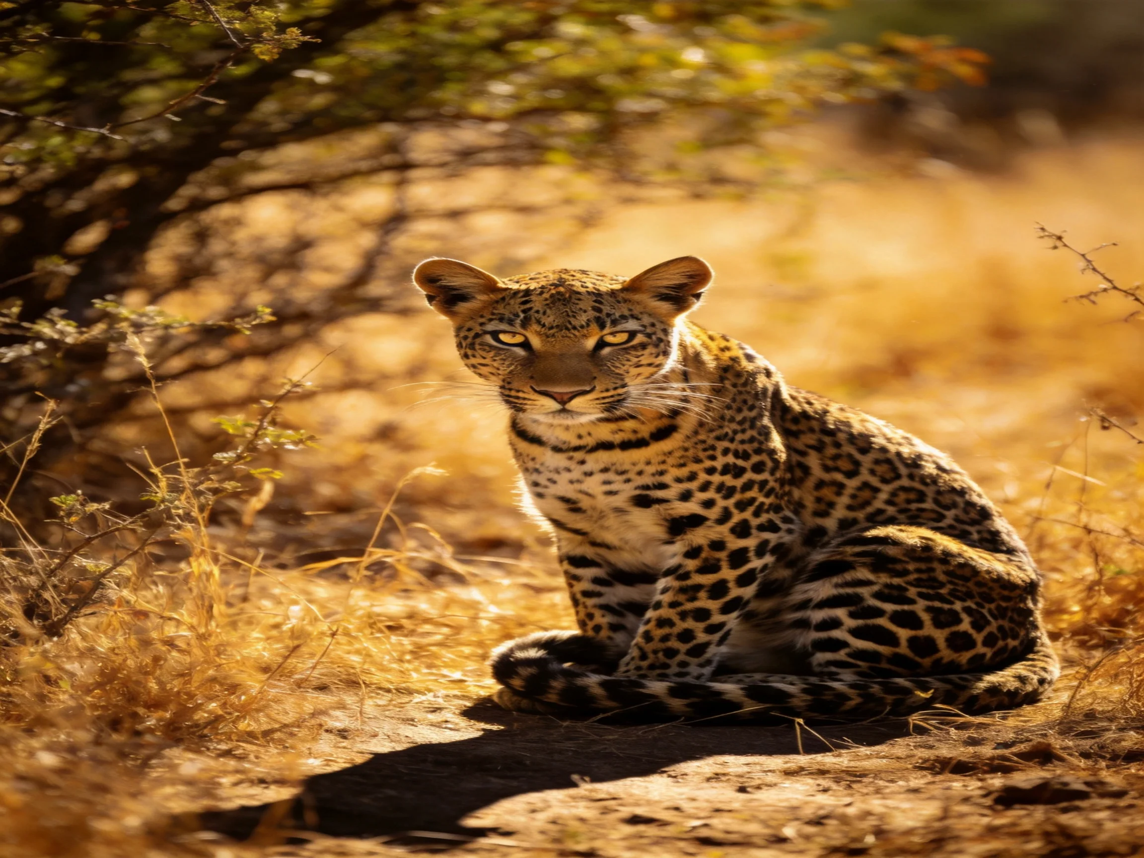 A leopard sits calmly in a sunlit savannah environment.