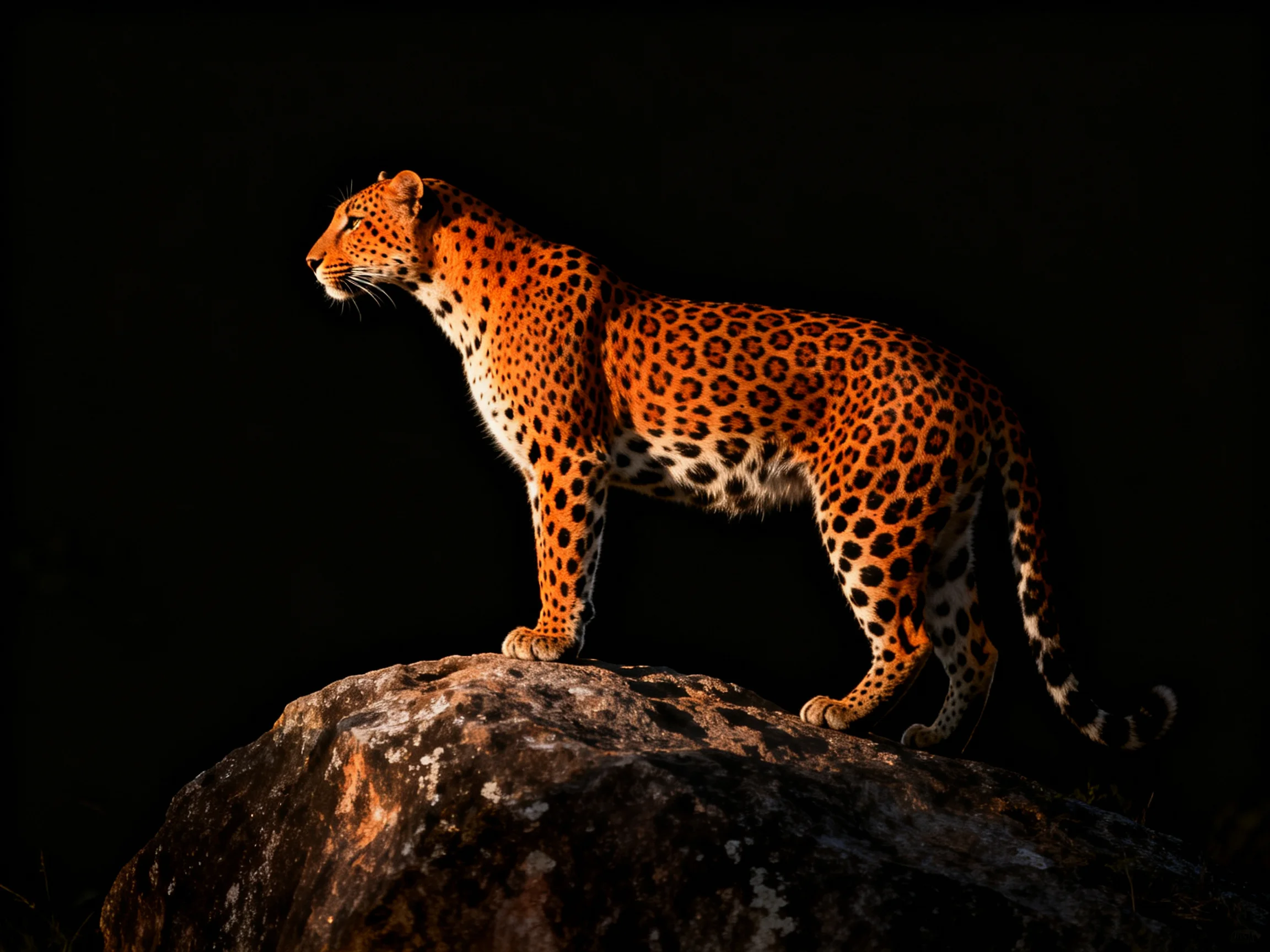A leopard stands majestically on a large, textured rock with vibrant spots