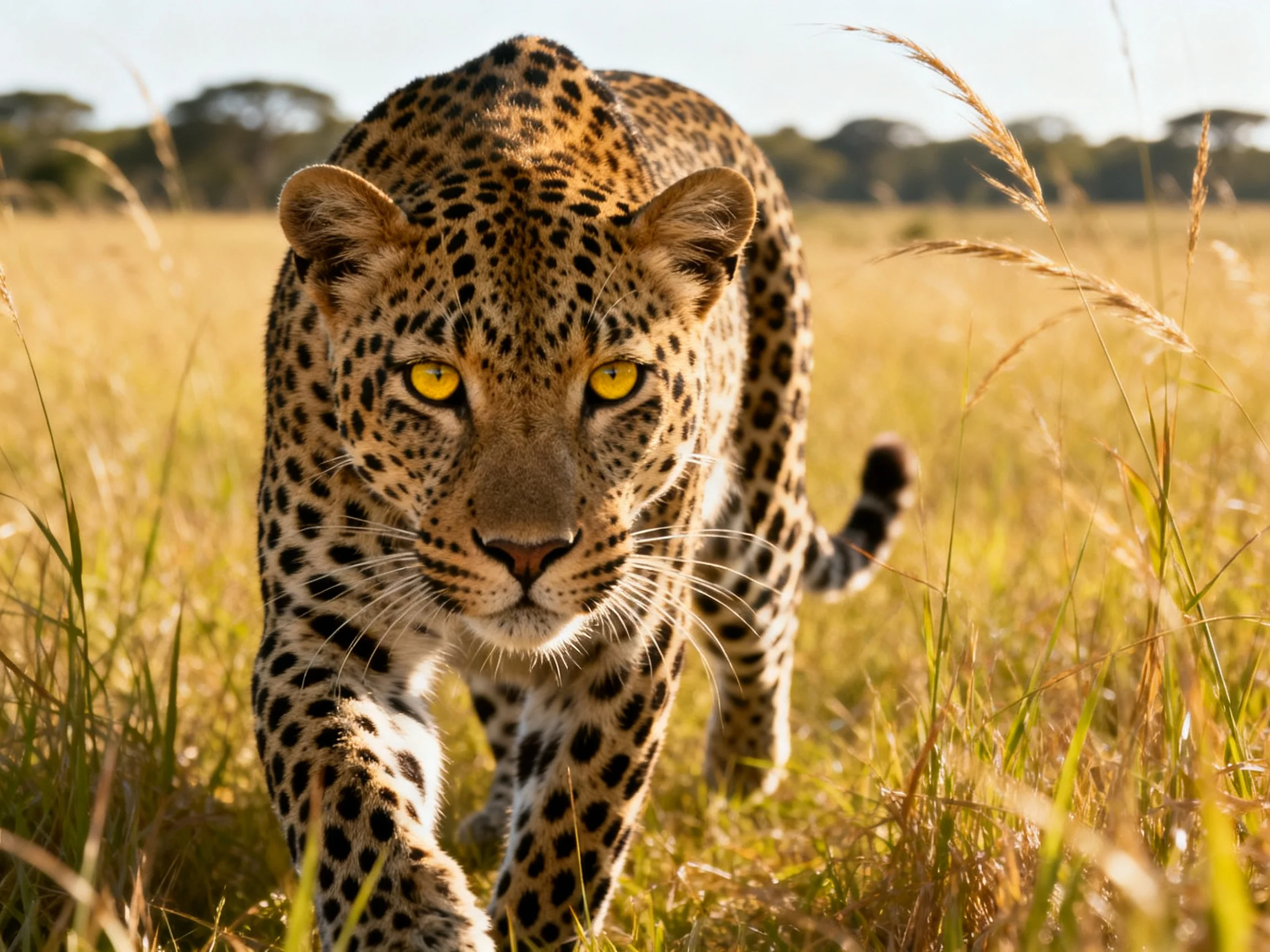 A leopard with bright yellow eyes moves through savannah grass.