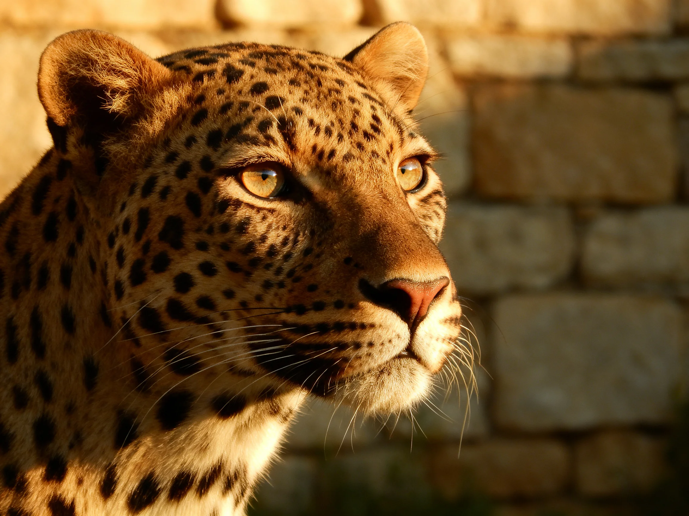 A leopard with brown spots and golden eyes near a stone wall