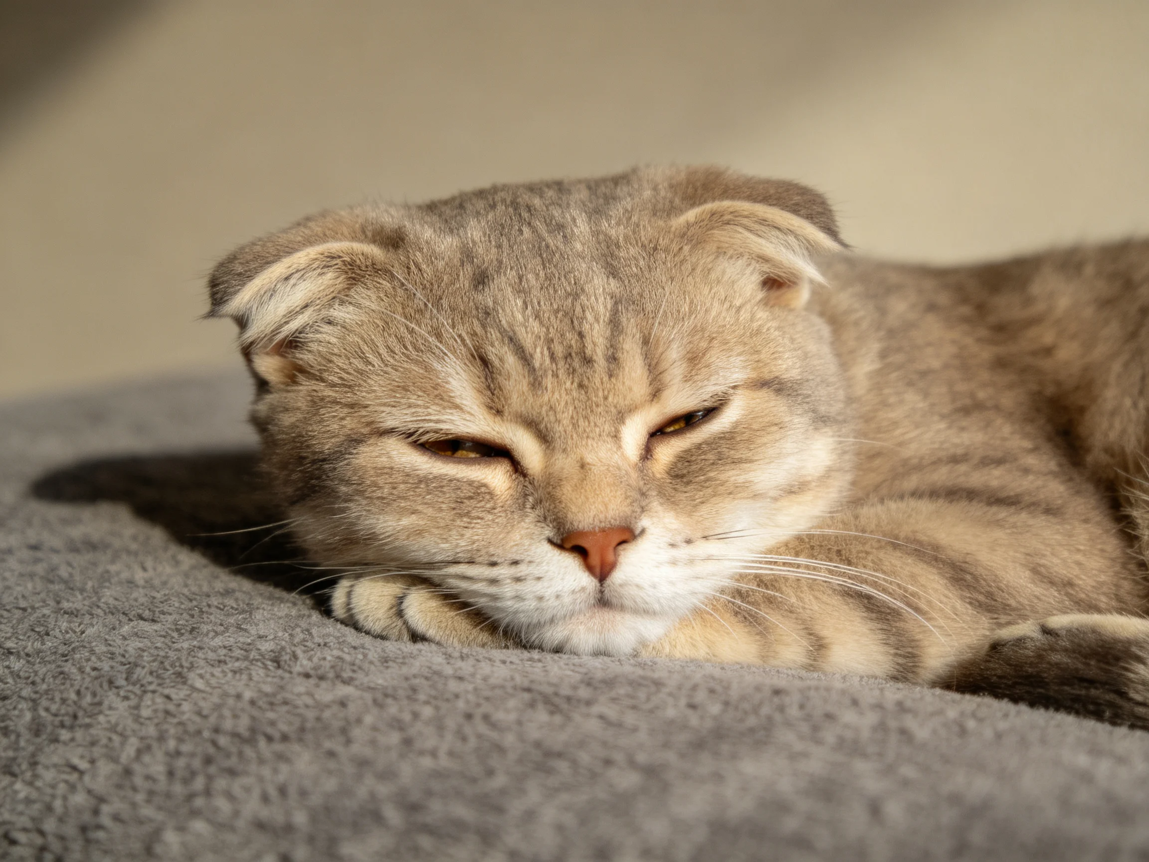 A light brown Scottish Fold rests on a soft gray blanket