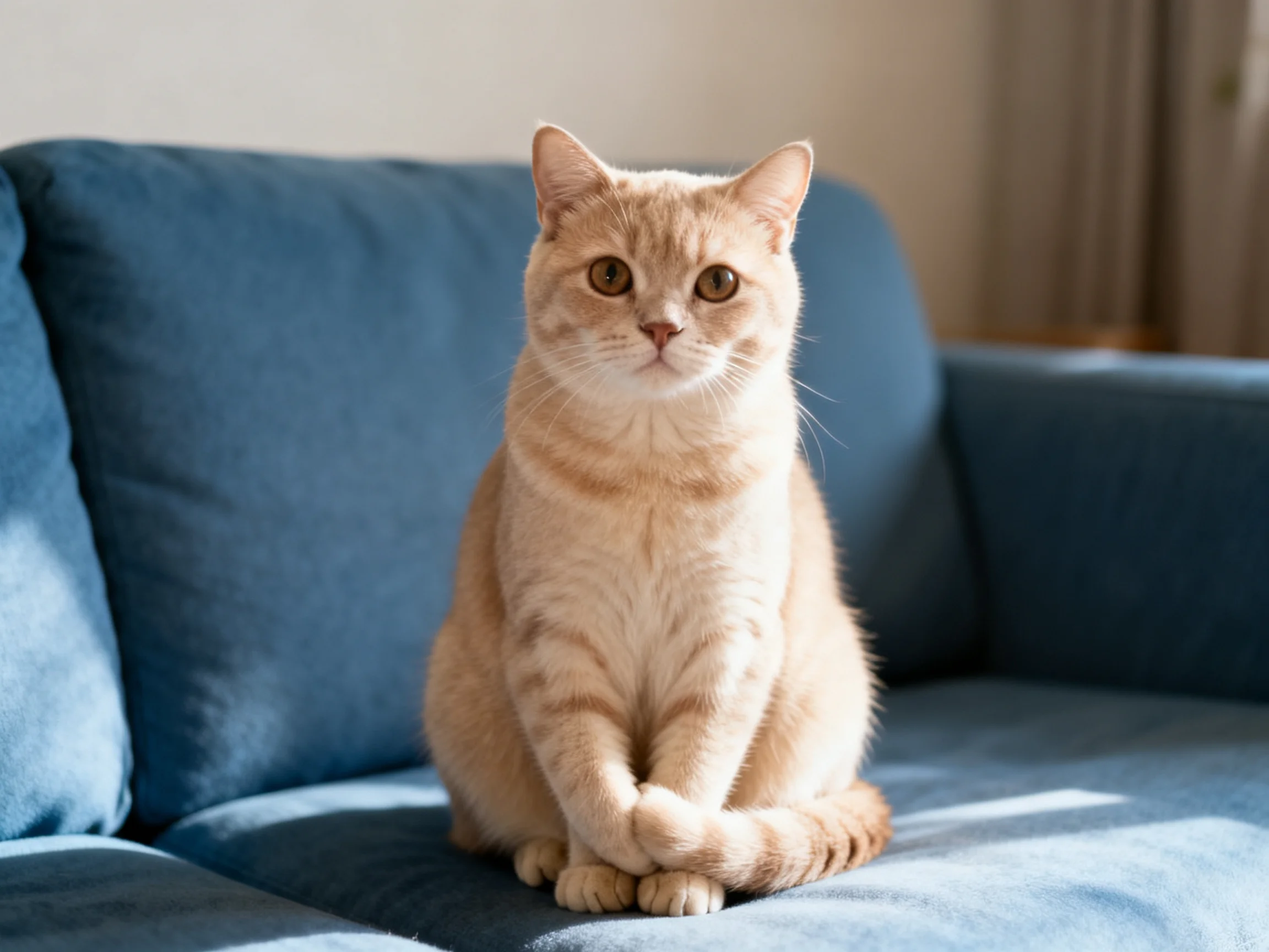An orange cat sits on a blue couch in a softly lit room.