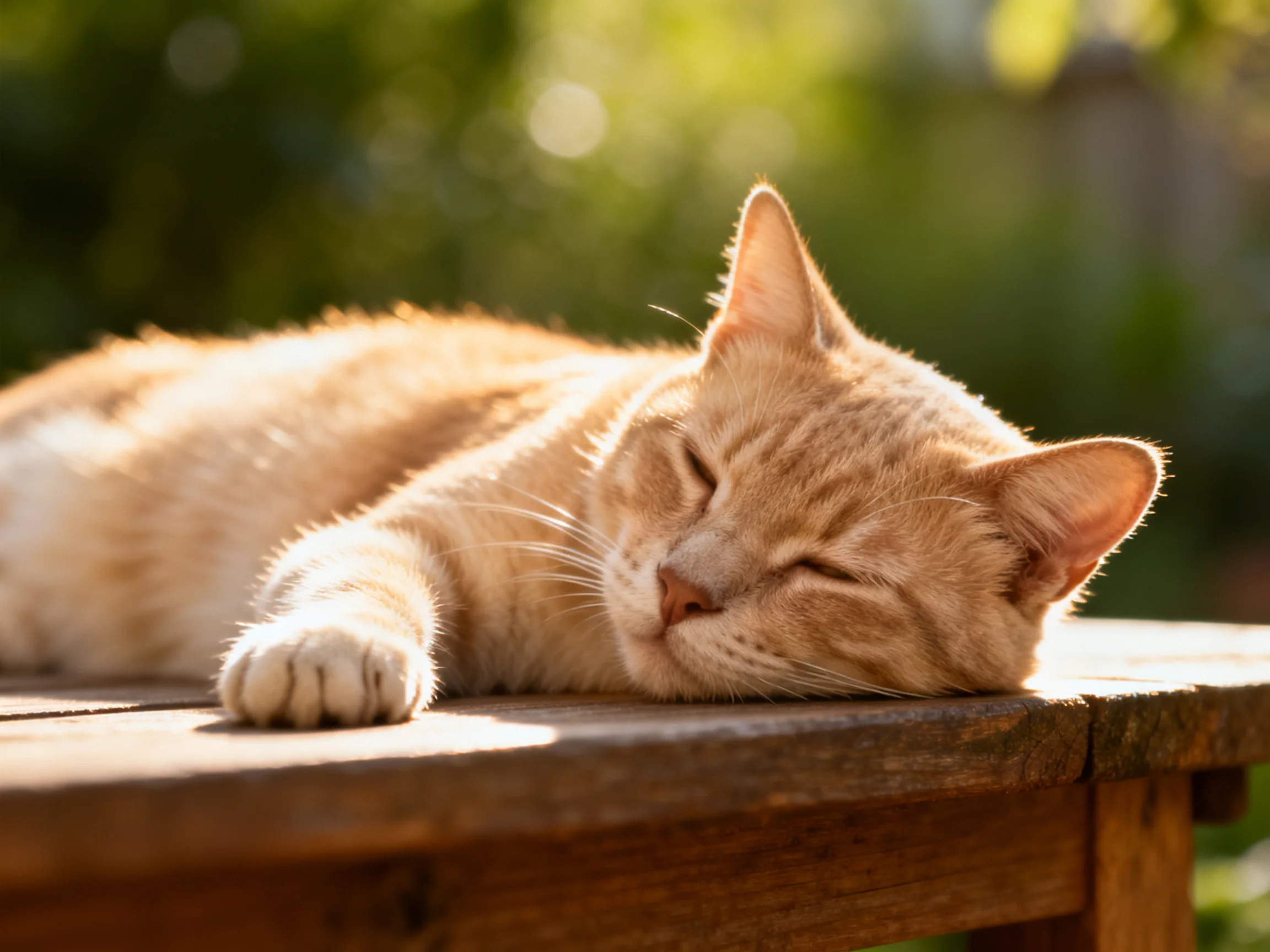 A light orange tabby cat rests peacefully on a wooden table in sunny surroundings.