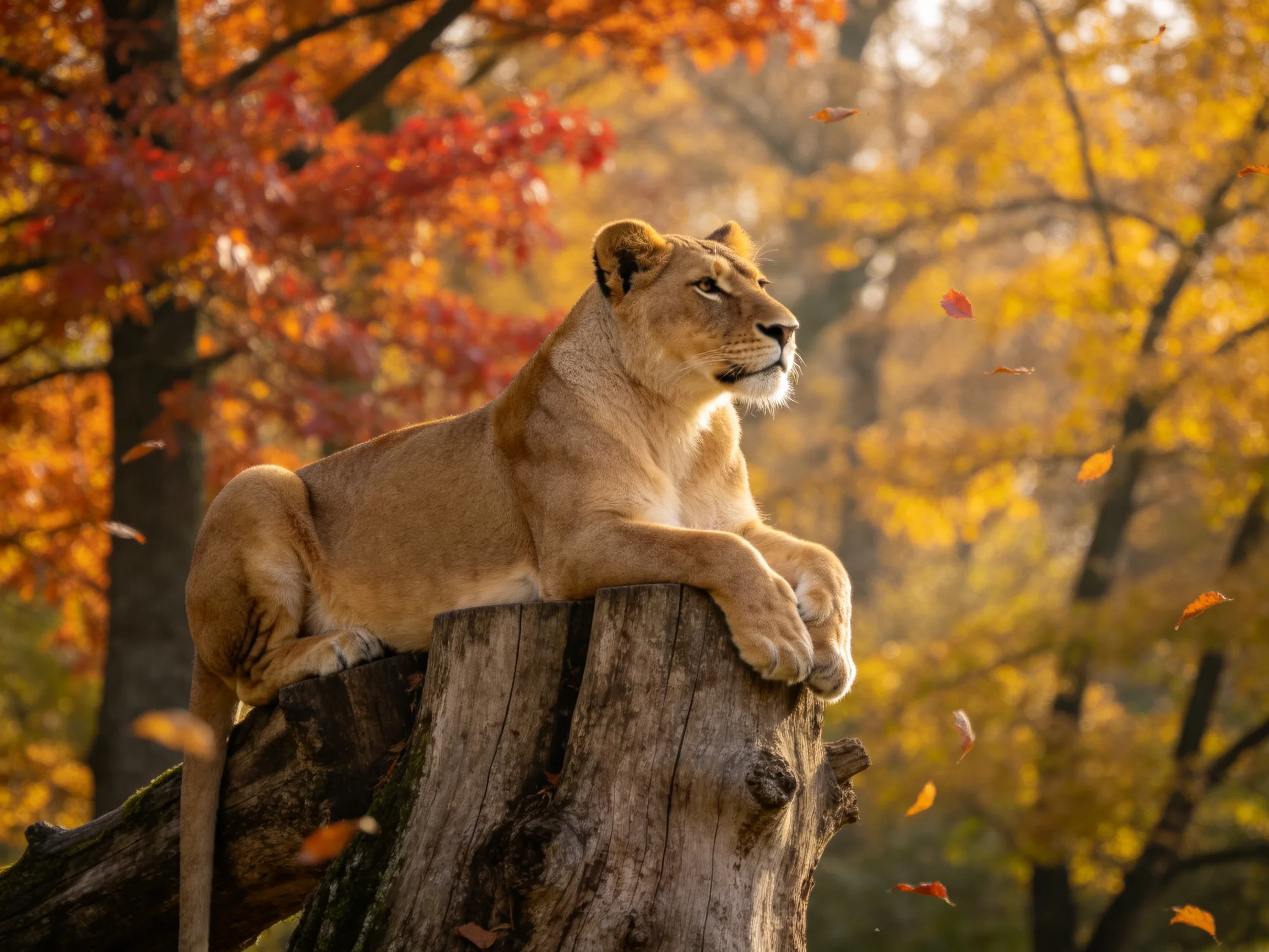 A lioness relaxes on a tree stump surrounded by colorful autumn trees.