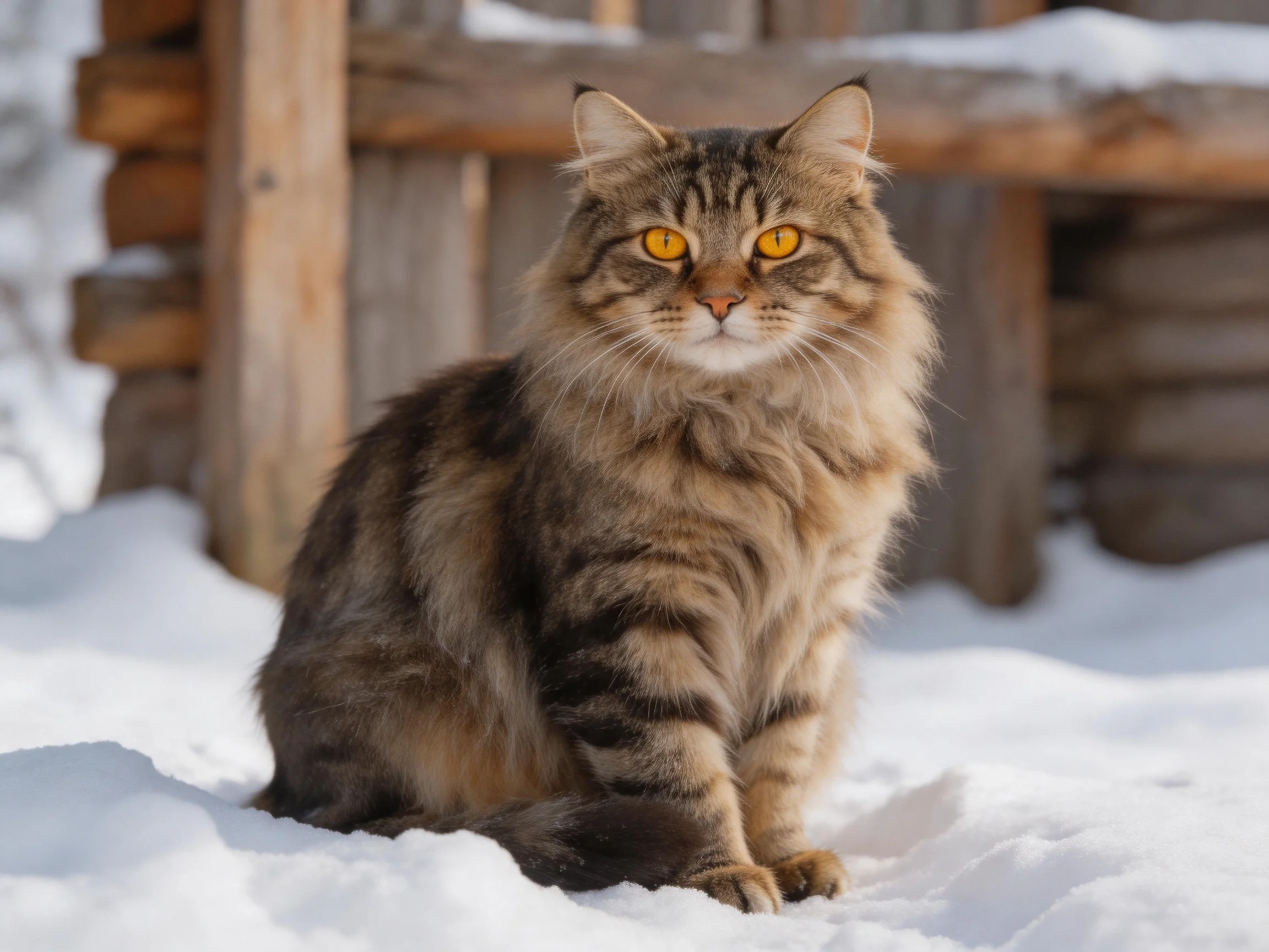A long - haired brown tabby cat with amber eyes sits in snow by a log cabin