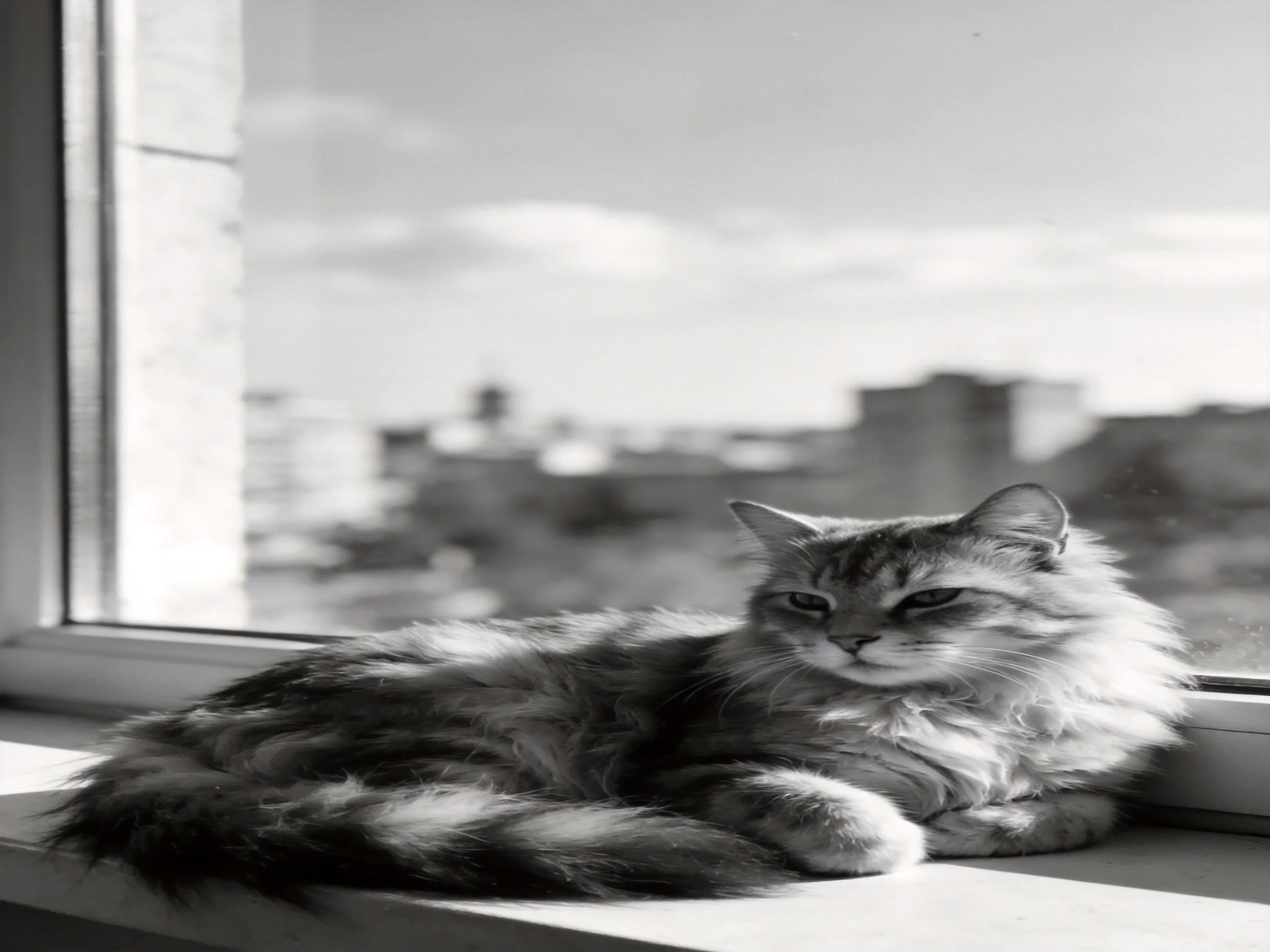 A long - haired cat lounges on a sunlit windowsill with city buildings in the distance