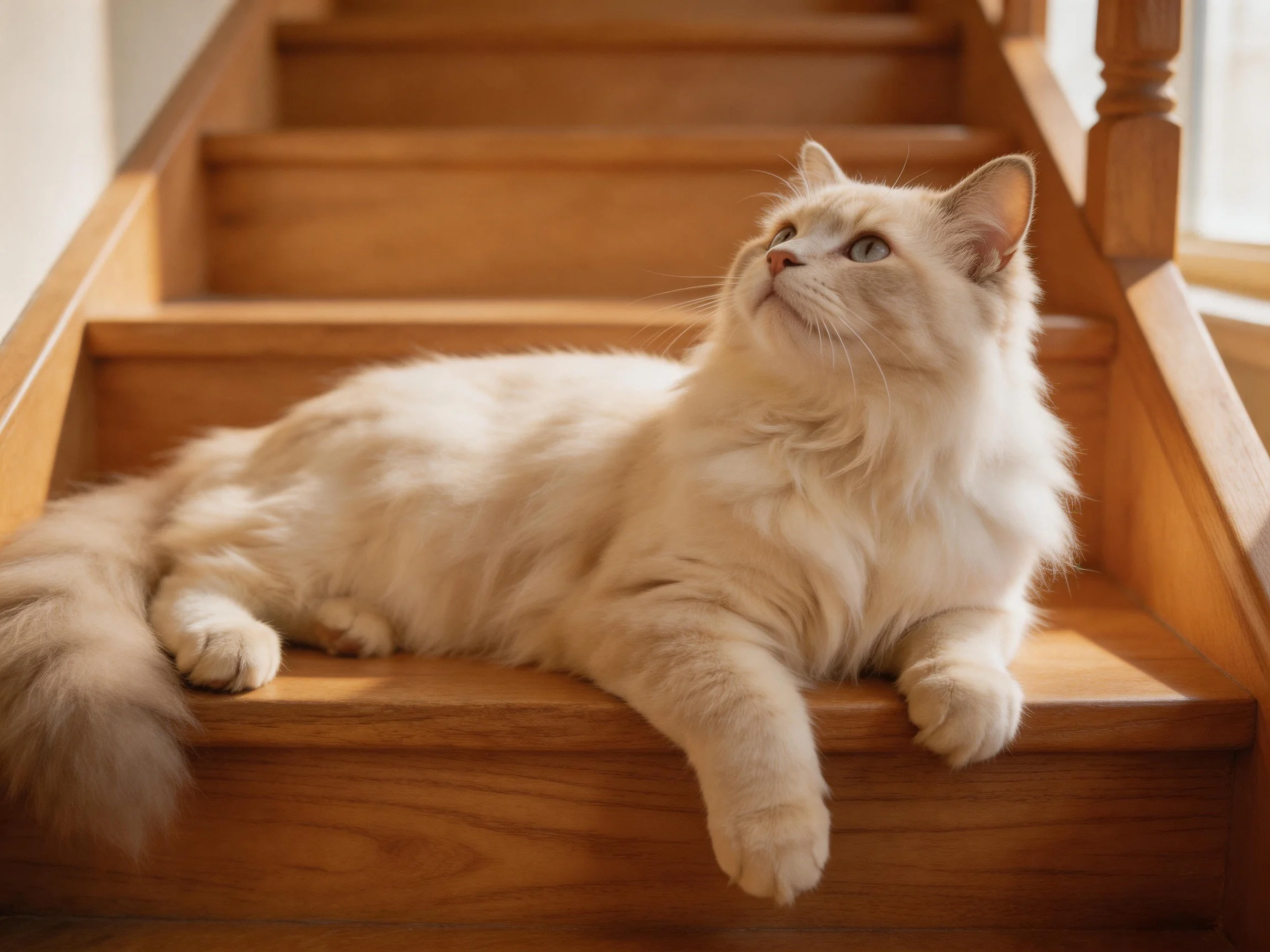 A long - haired cream cat lounging on polished wooden stairs in warm sunlight