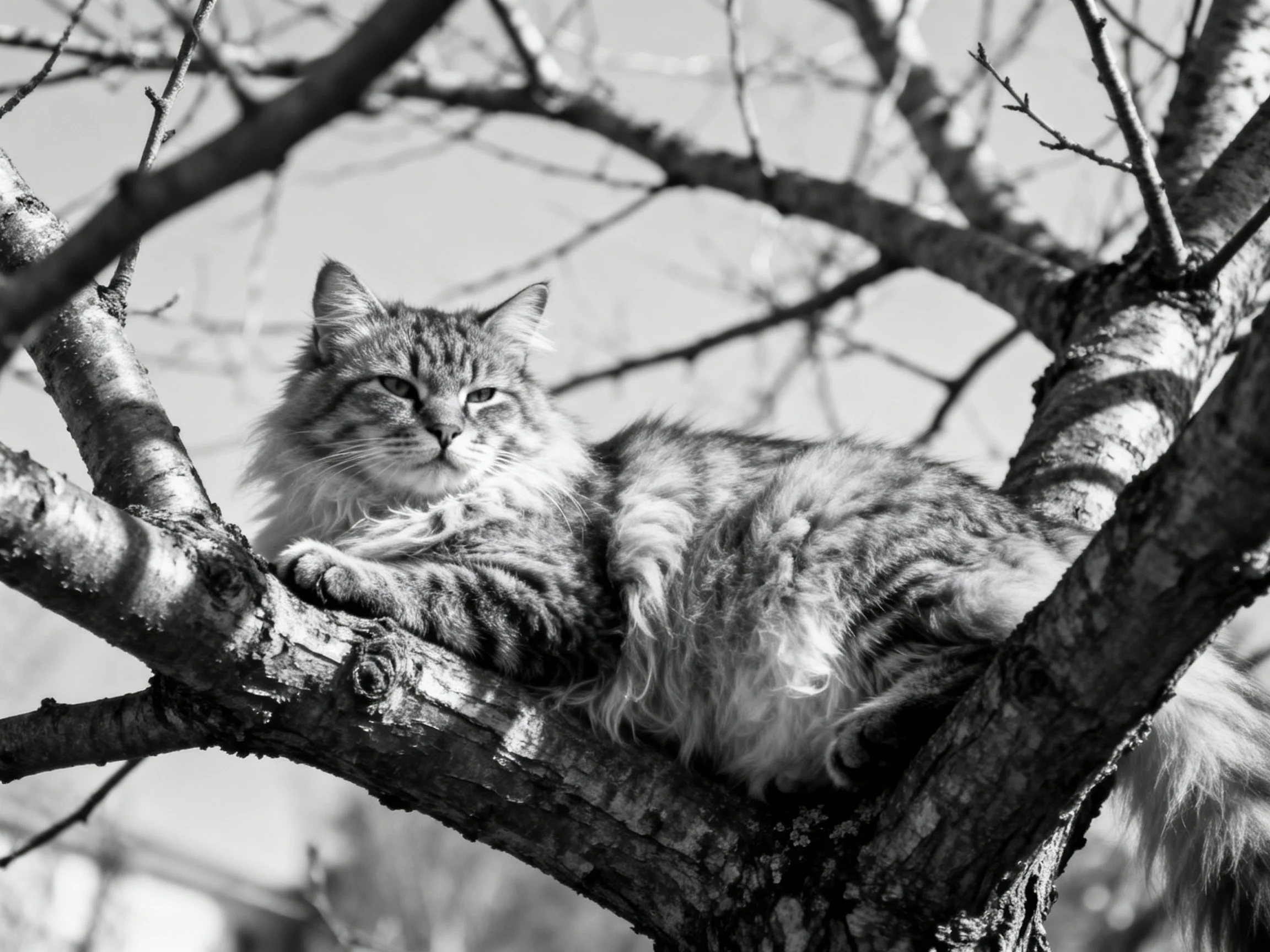A long - haired tabby cat lounging on a twisted tree branch