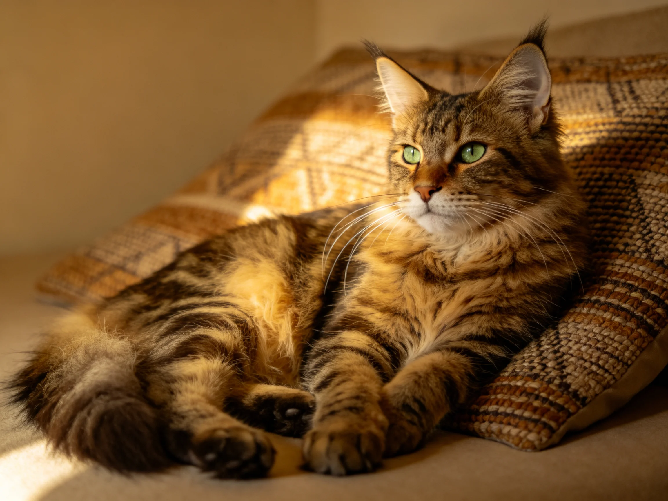A long - haired tabby cat resting on patterned cushions in warm sunlight