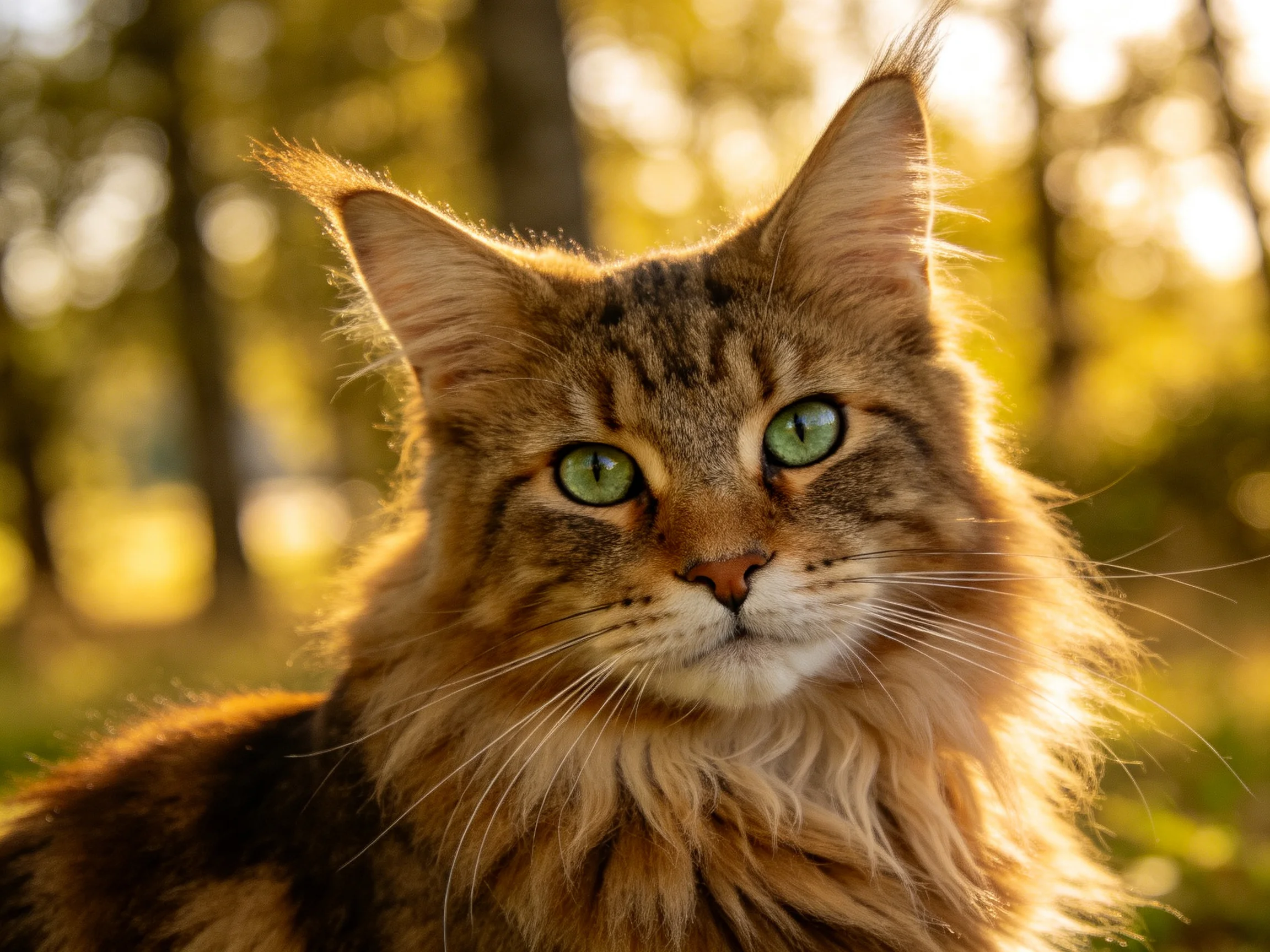 A long - haired tabby cat with bright green eyes in a sunlit woodland area
