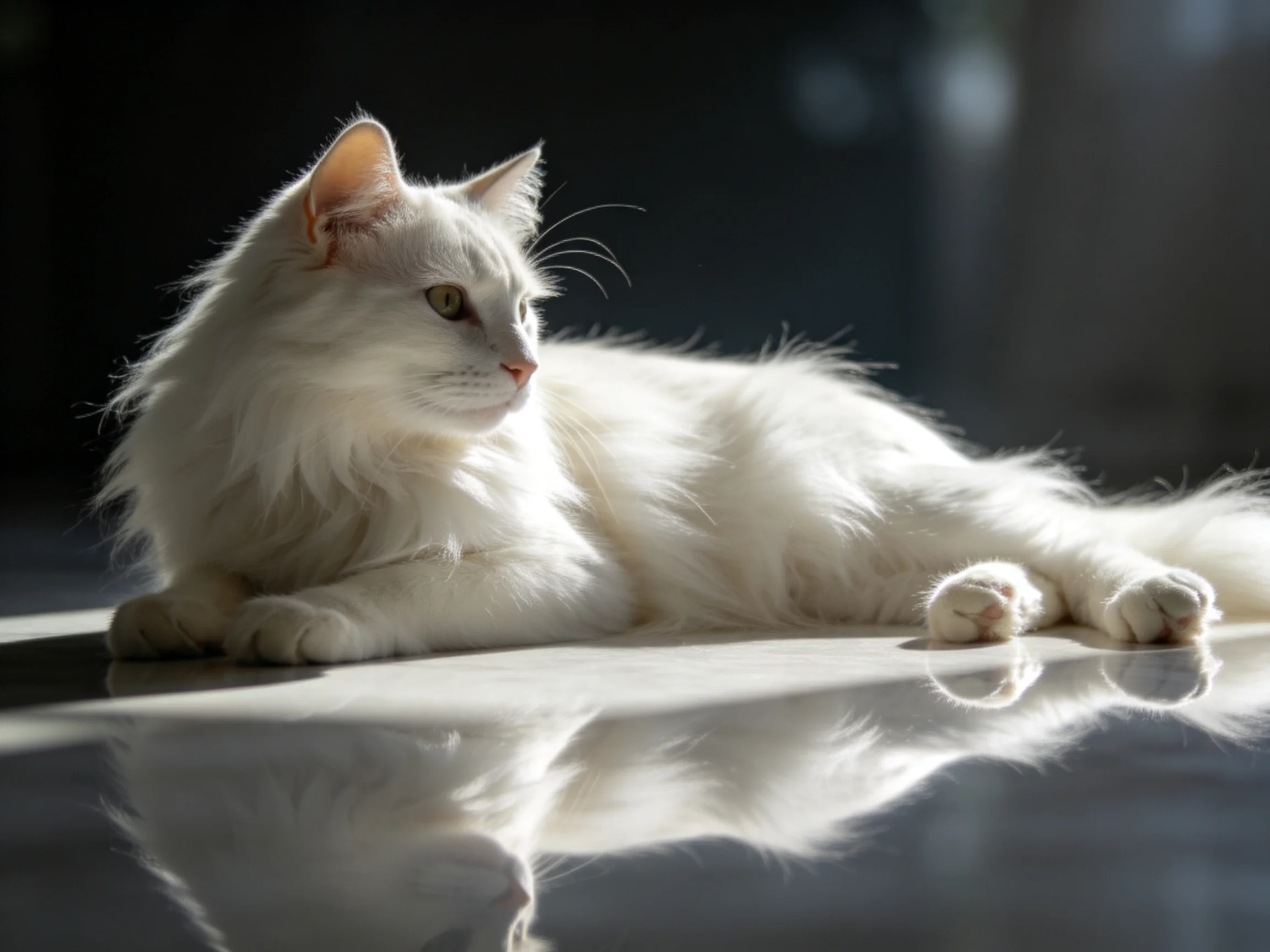 A long - haired white cat lounges on a glossy reflective surface with soft lighting