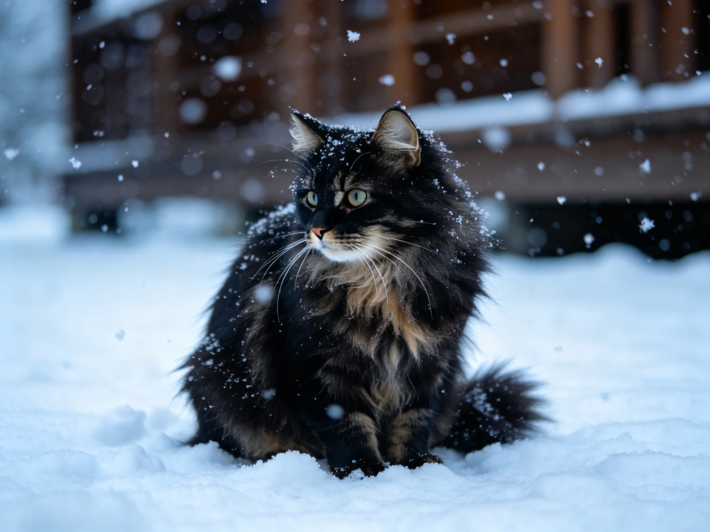 A long-haired black and tan cat sits calmly in the snow during a snowfall.