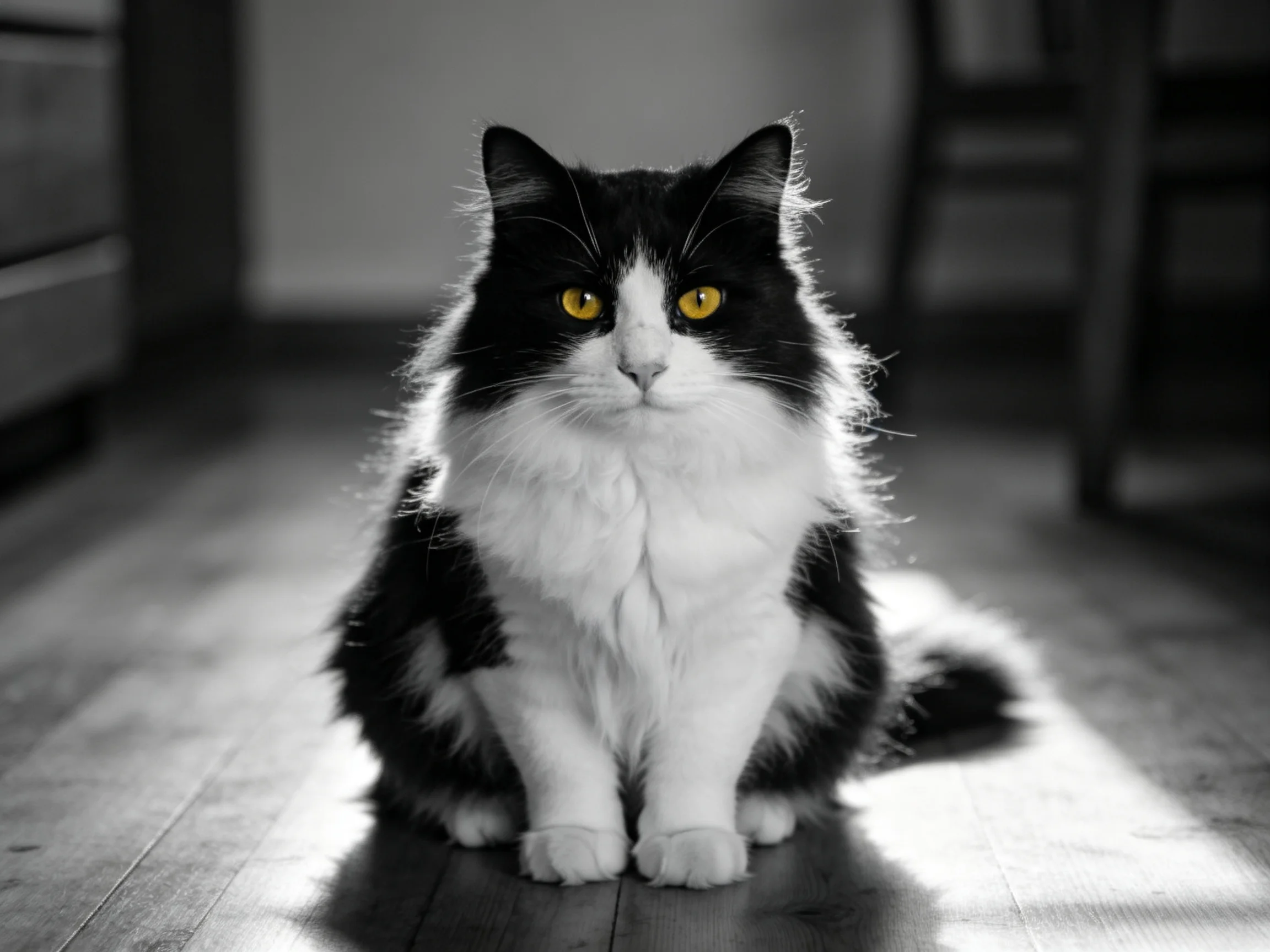 A long-haired black-and-white cat with bright yellow eyes sits on wooden flooring