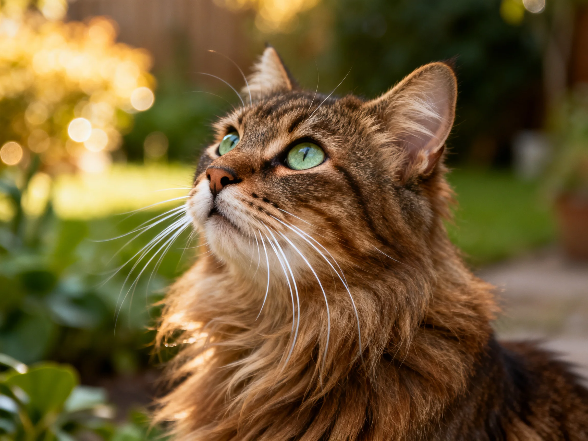 A long-haired brown tabby cat gazes upward in a sunlit garden