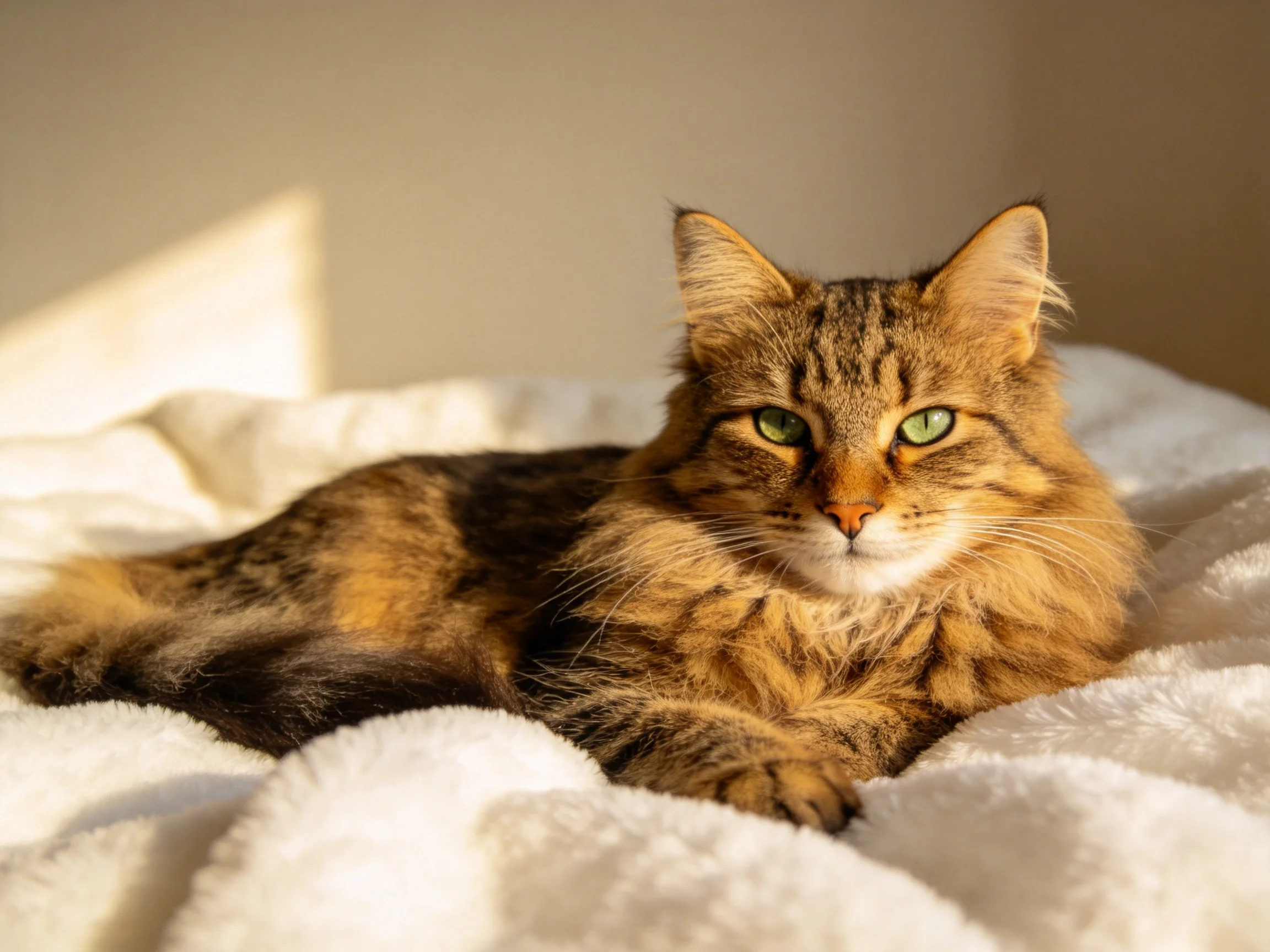 A long-haired brown tabby cat lounges on a plush white blanket in a sunlit area.
