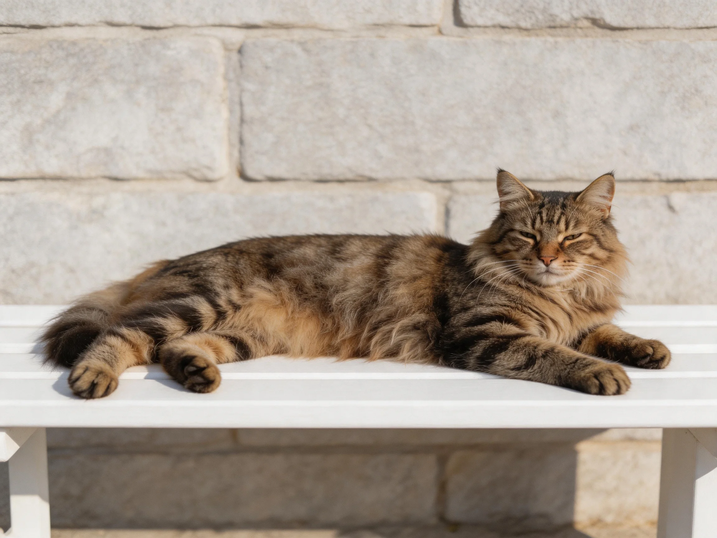 A long-haired brown-tabby cat relaxes on a white bench next to a stone wall