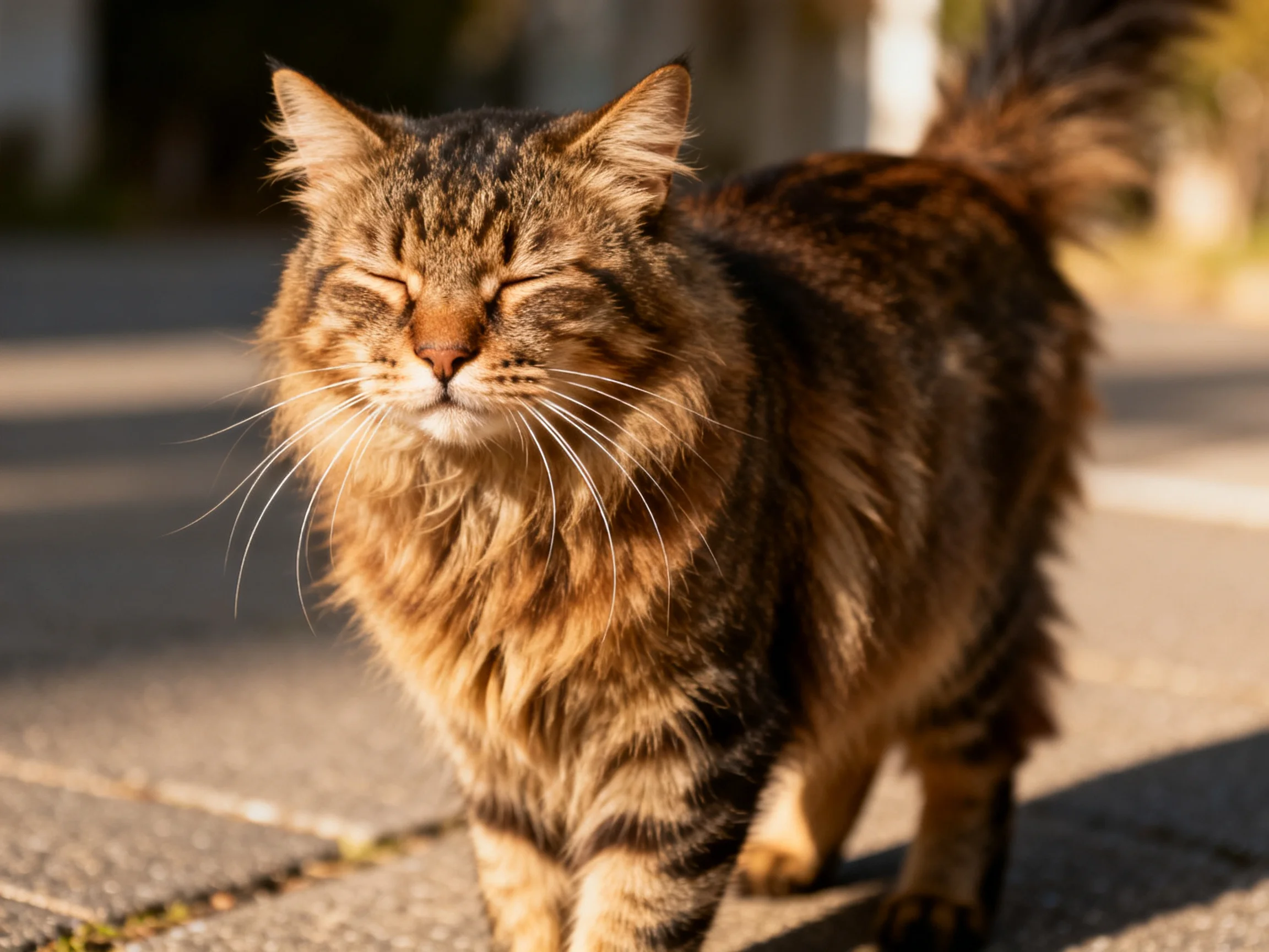 A long-haired brown tabby cat strolling on sunlit pavement