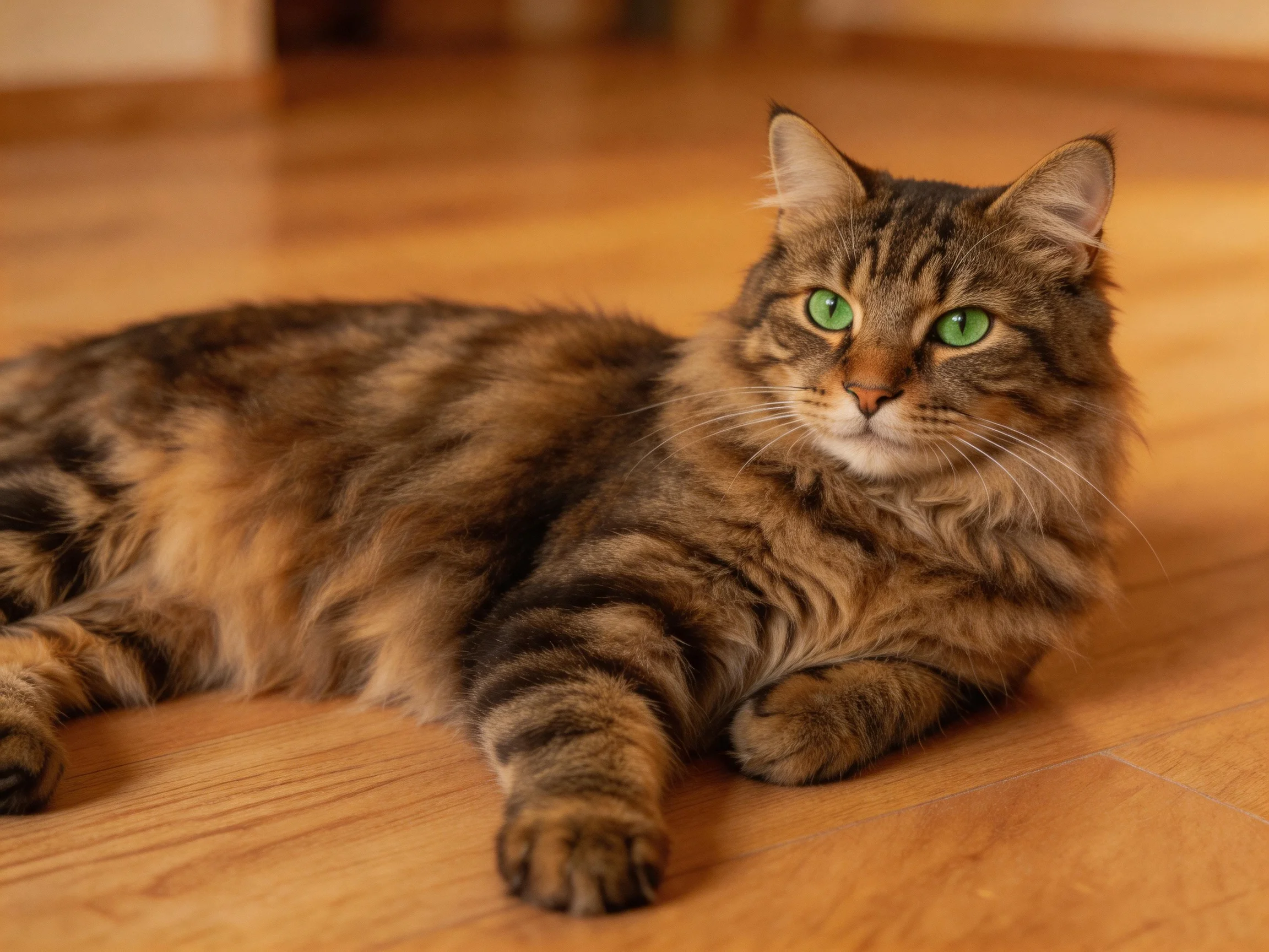 A long-haired brown tabby cat with bright green eyes rests on polished wood flooring