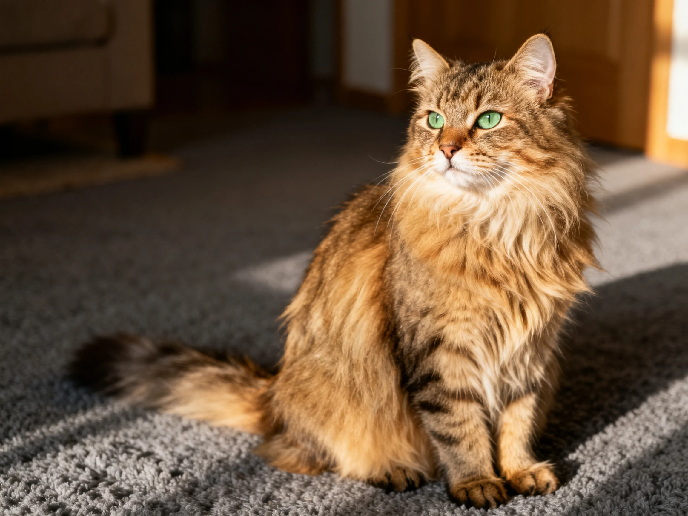 A long-haired brown tabby cat with green eyes sits calmly on a sunlit gray carpet indoors.