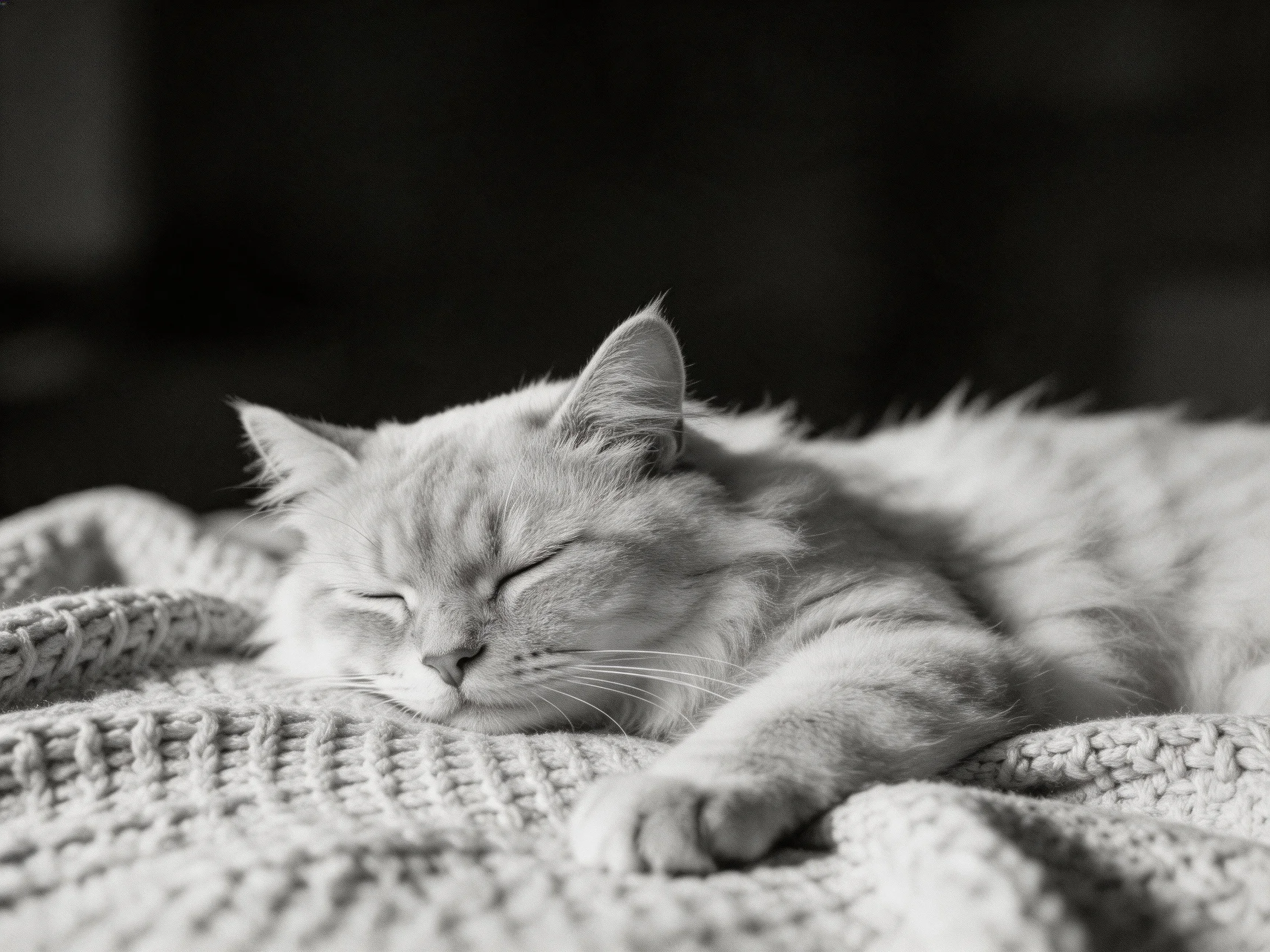 A long-haired cat naps on a thick knit blanket