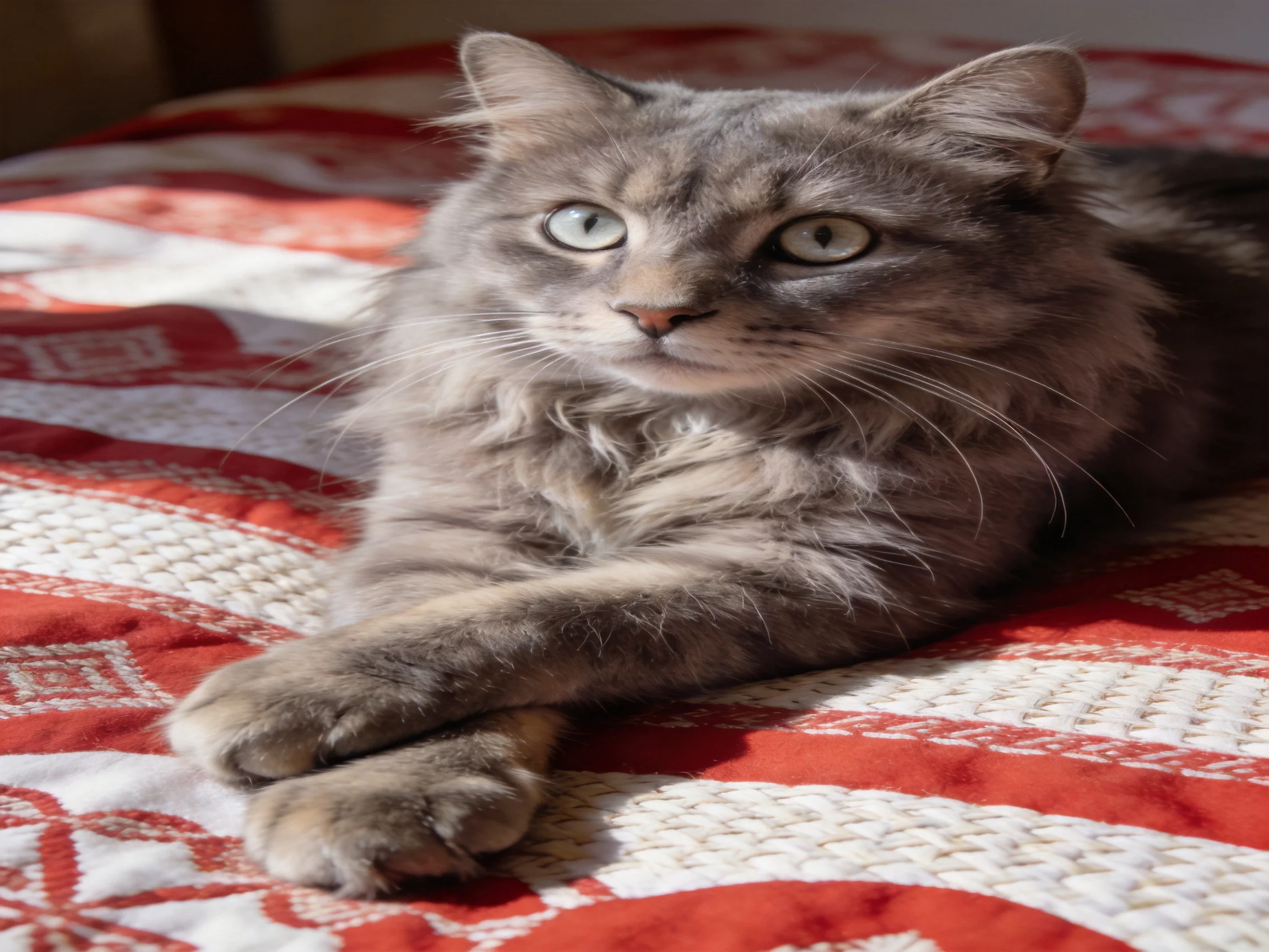 A long-haired gray cat rests on a red and white quilted bedspread