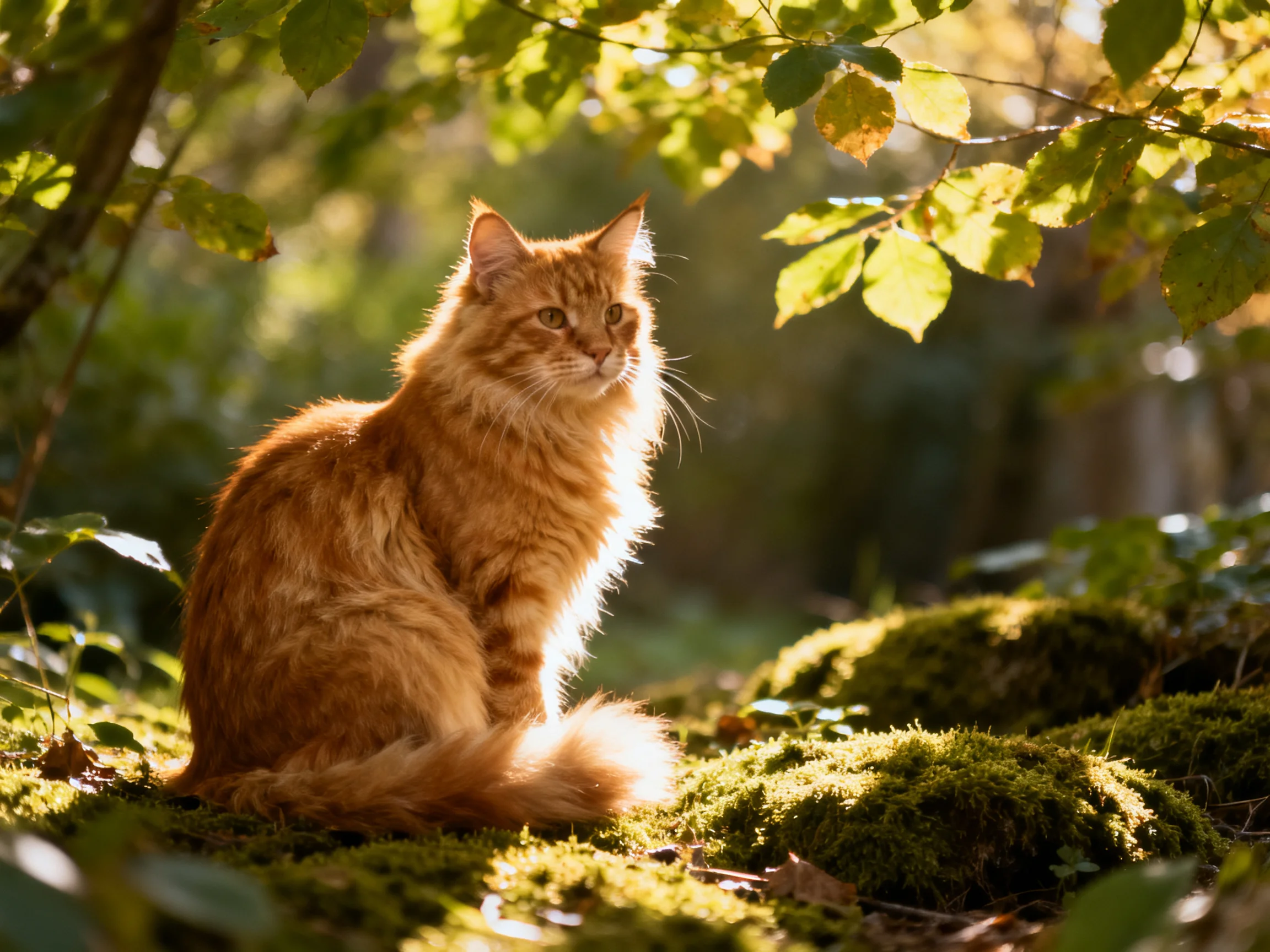 A long-haired orange cat sits on moss in sunlit woodland