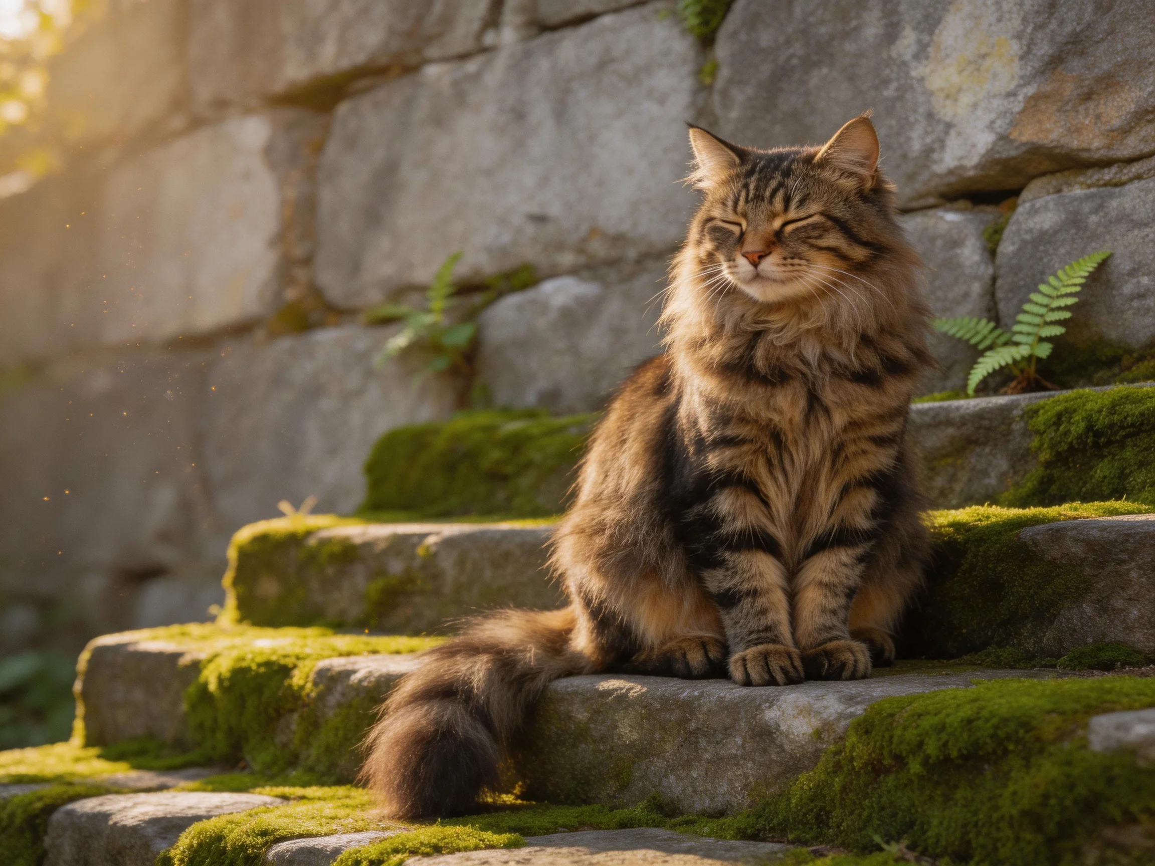 A long-haired tabby cat sits on moss-covered stone steps by a weathered stone wall
