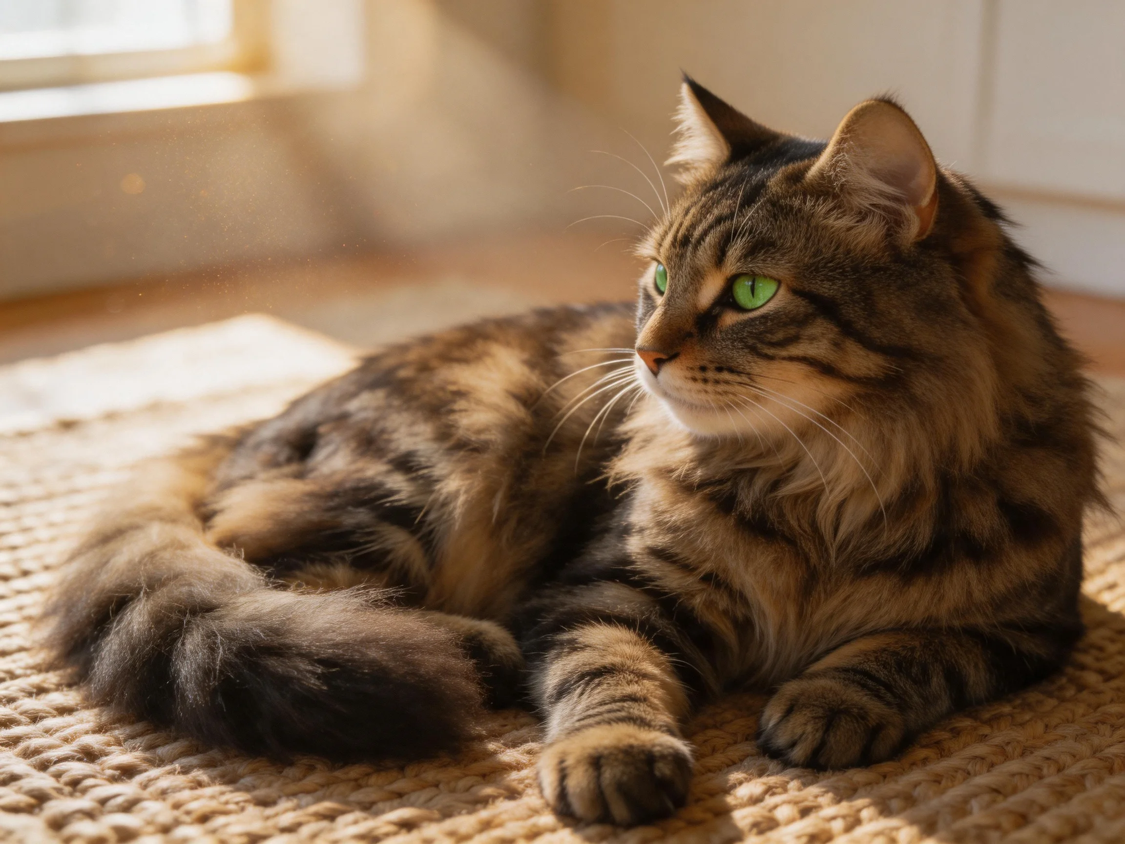 A long-haired tabby cat with bright green eyes lies on a woven rug