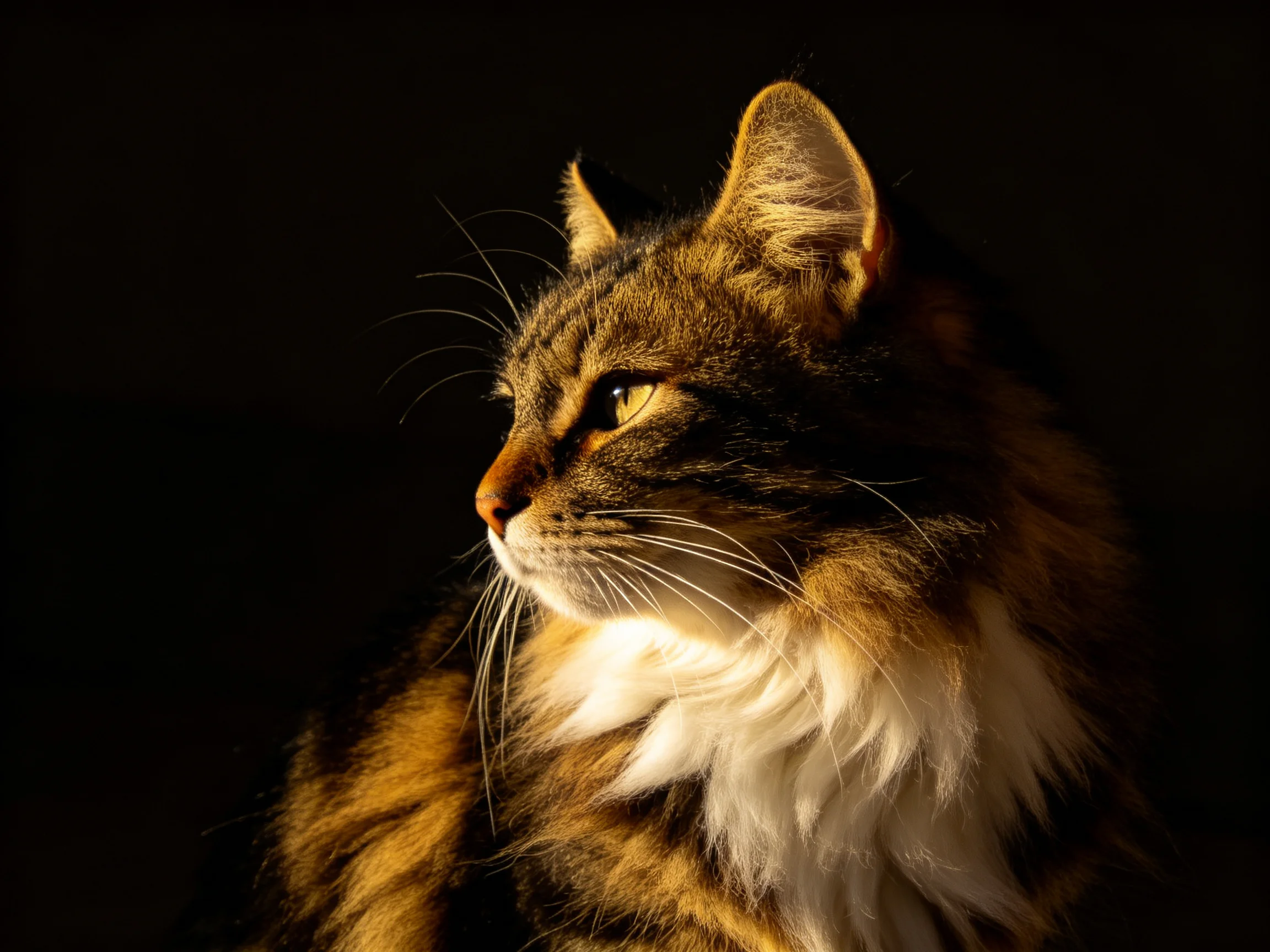 A single long-haired tabby cat is highlighted against a dark backdrop.
