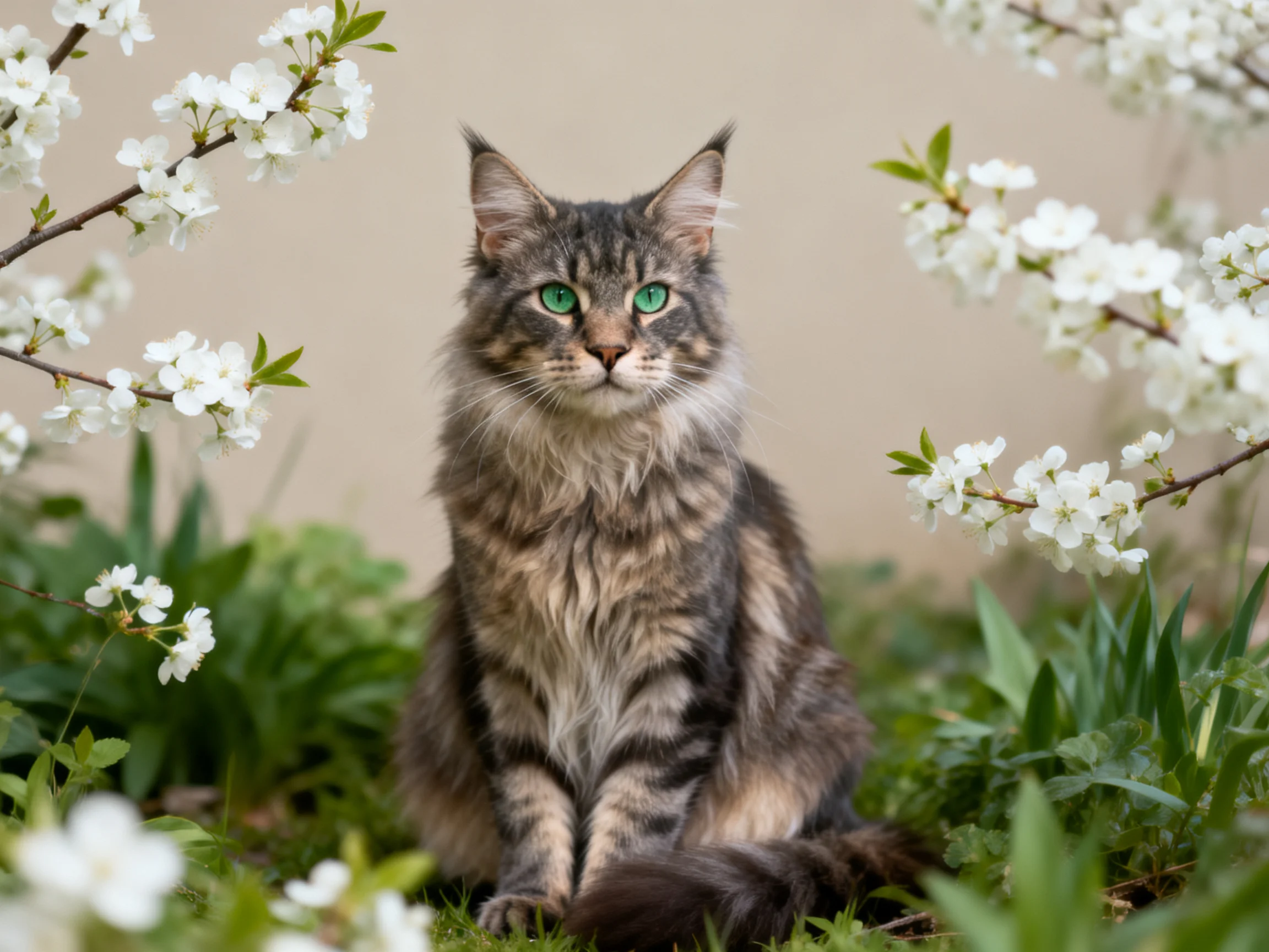 A long-haired tabby cat with green eyes among white flowering branches