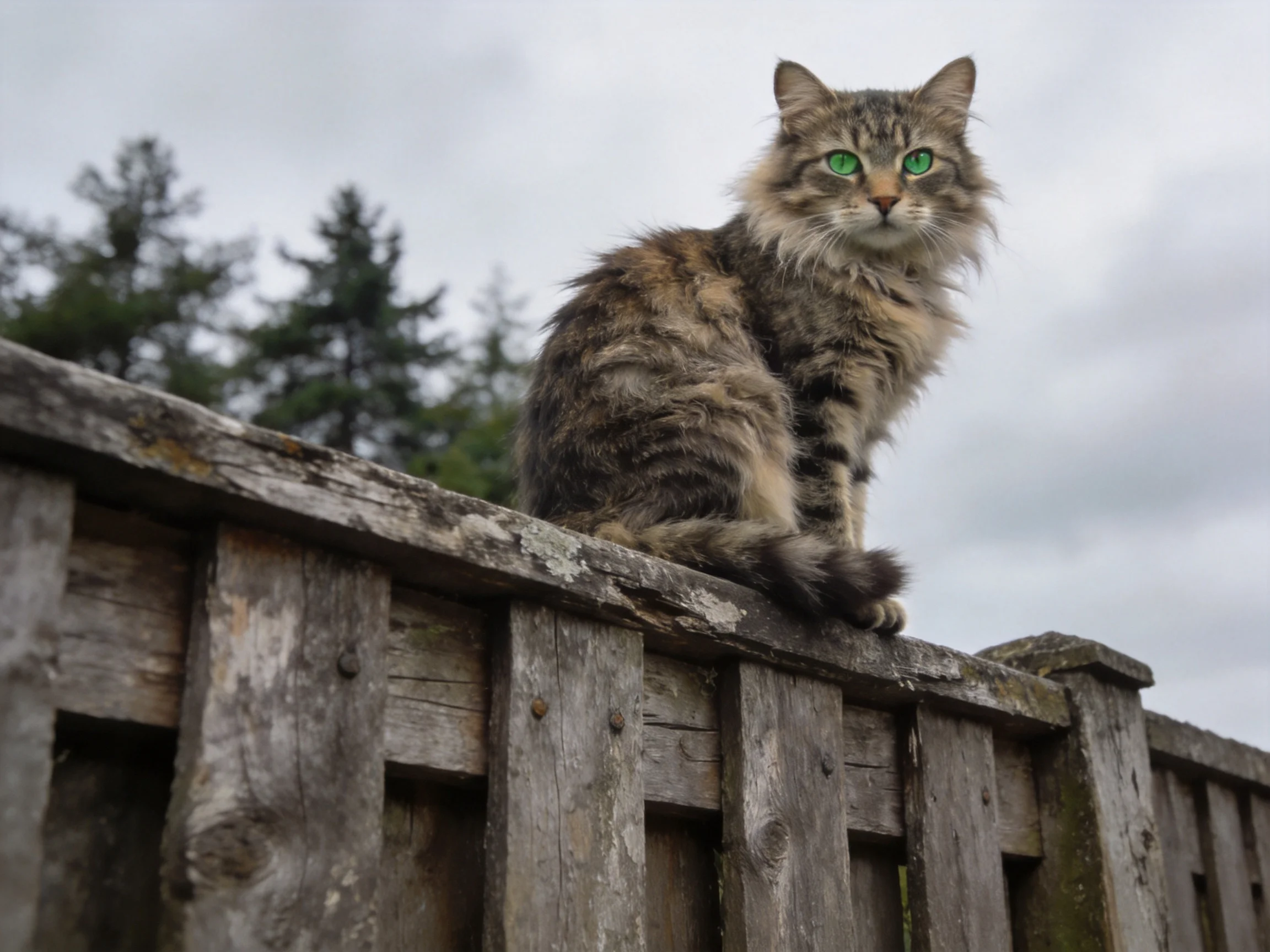 A long-haired tabby cat with green eyes sits atop an aged wooden fence