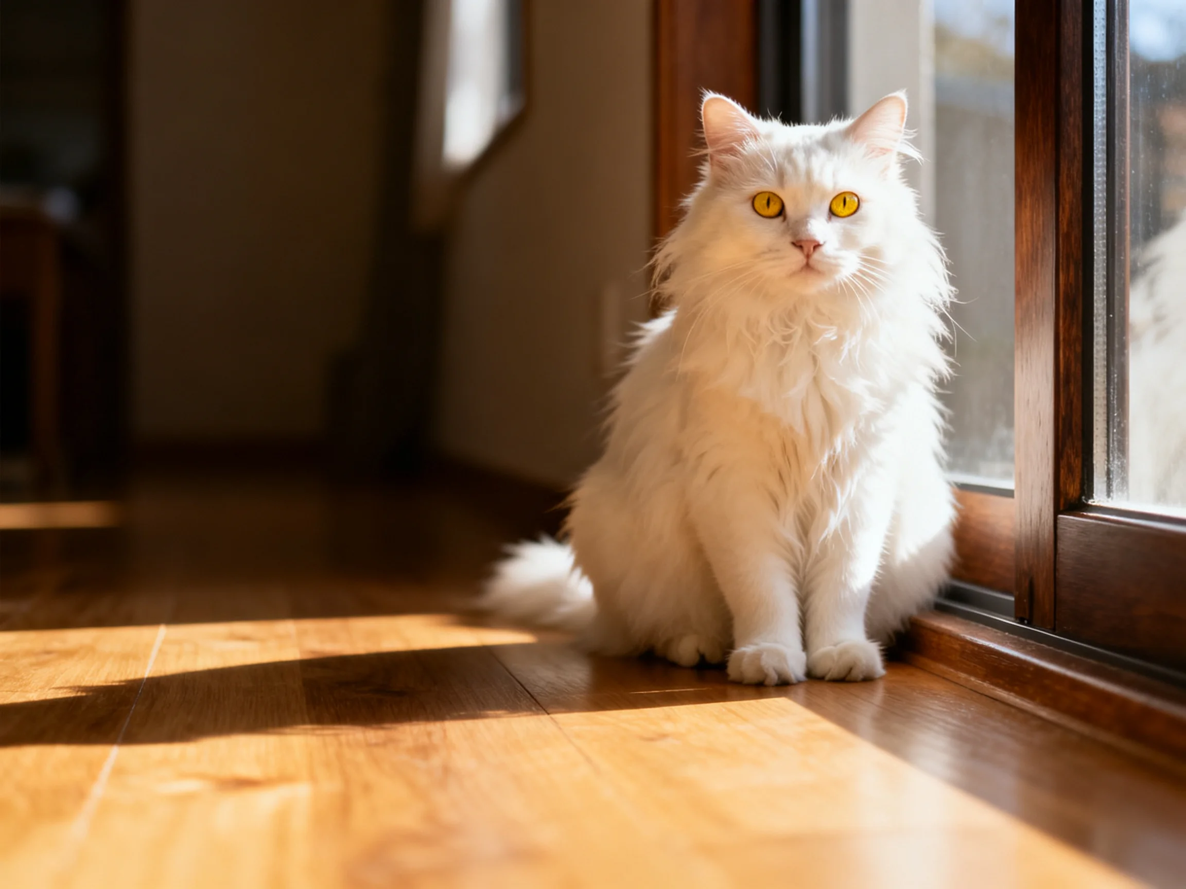 A long-haired white cat with golden eyes sits by a wooden sliding glass door