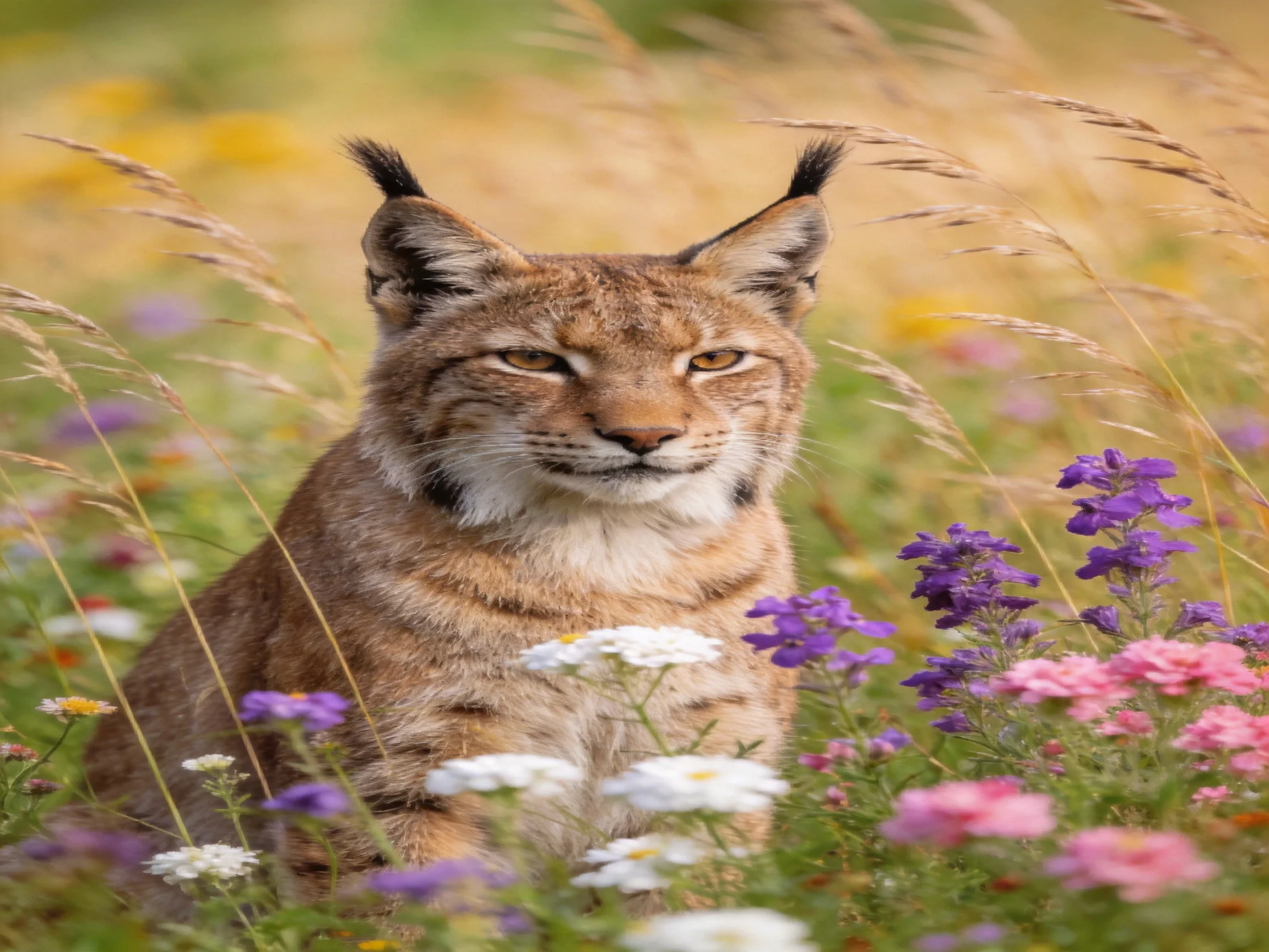 A lynx sits among vibrant wildflowers and golden grasses