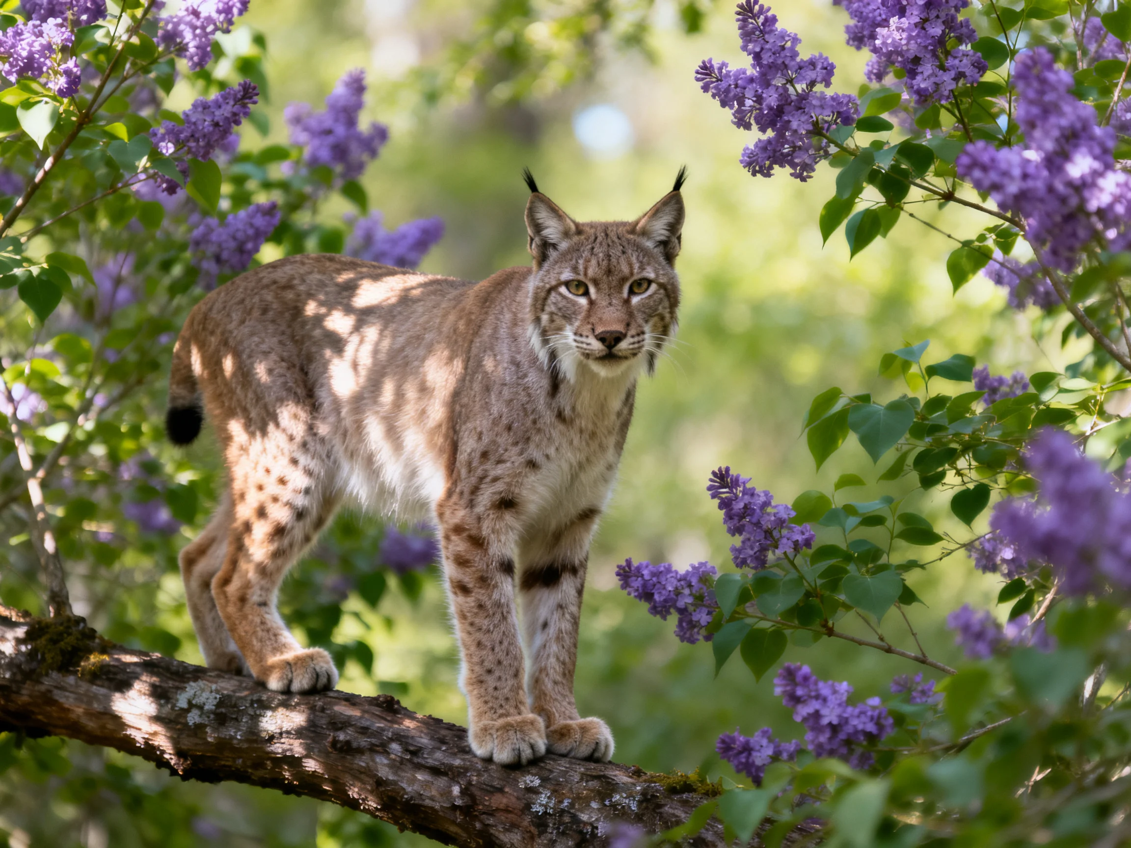 A lynx stands on a tree branch among blooming purple lilacs