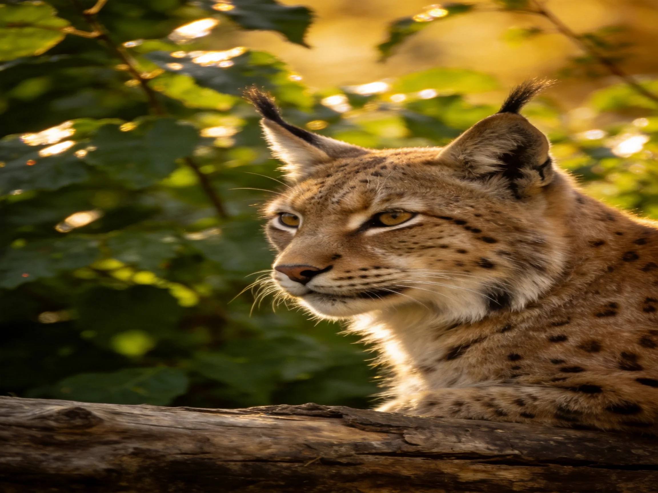 A lynx with spotted fur rests near a weathered log amid lush green foliage