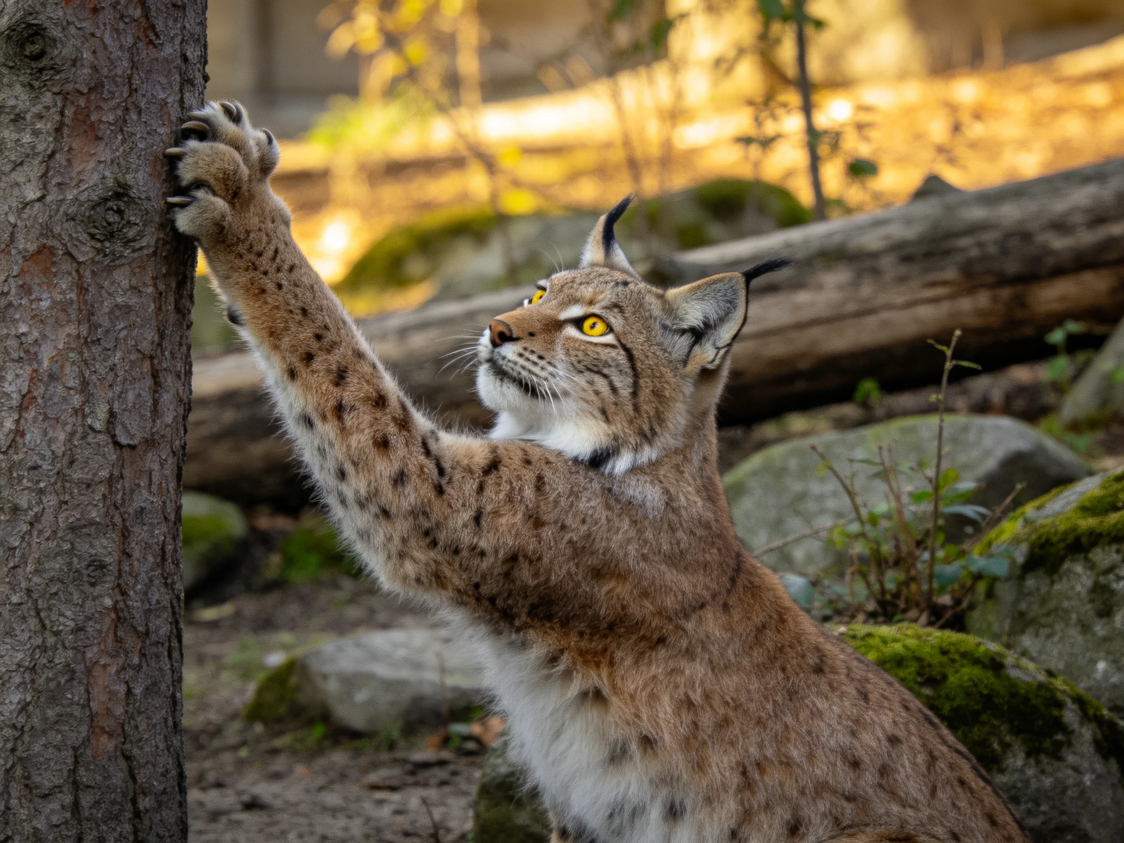 A lynx with yellow eyes reaches toward a textured tree trunk
